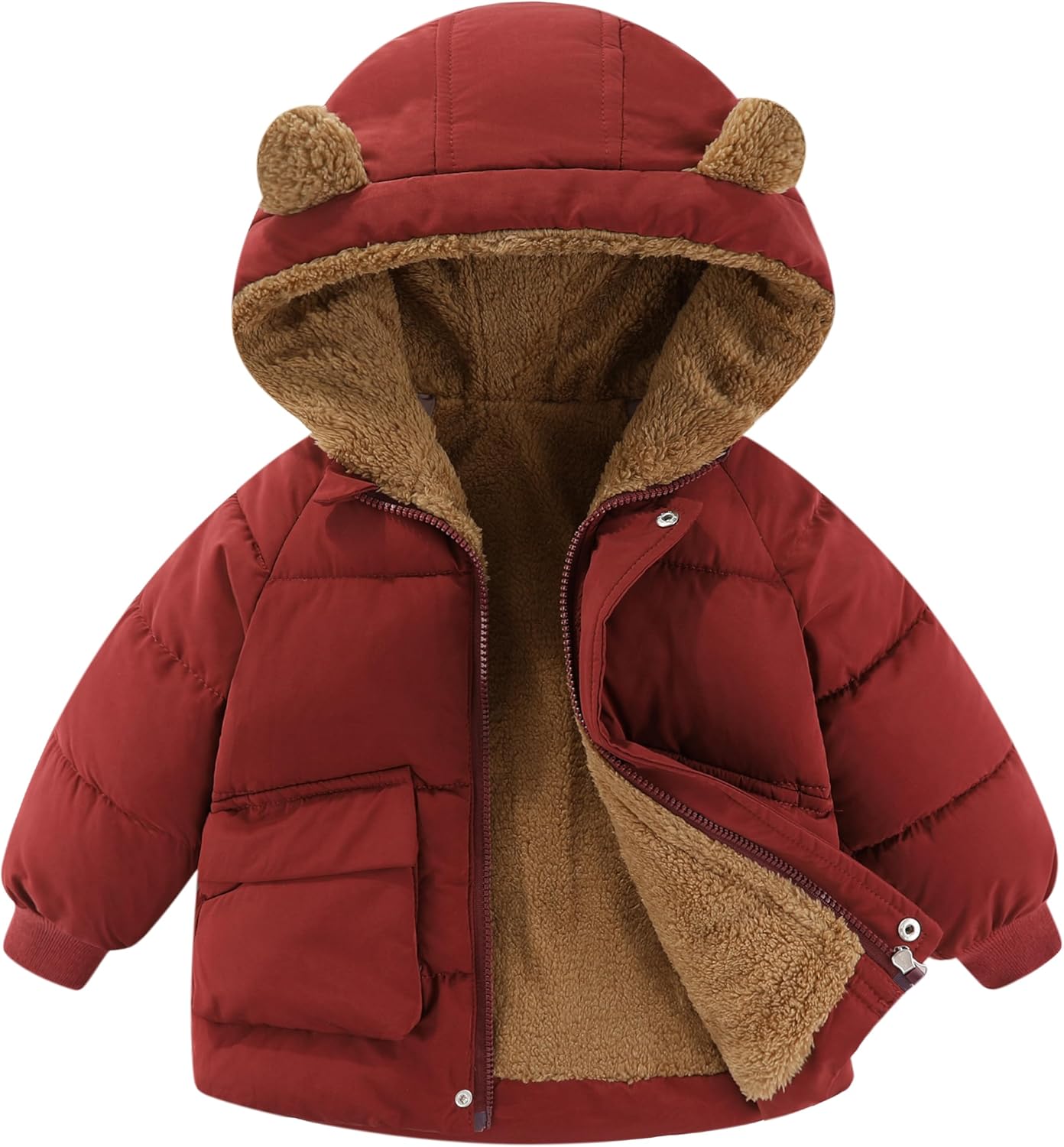 AIWUHE Toddler Winter Coat Boys Girls Down Jacket Hooded Fleece Warm Outwear 3D Ear Padded Puffer Jacket With Pockets 1-6Y