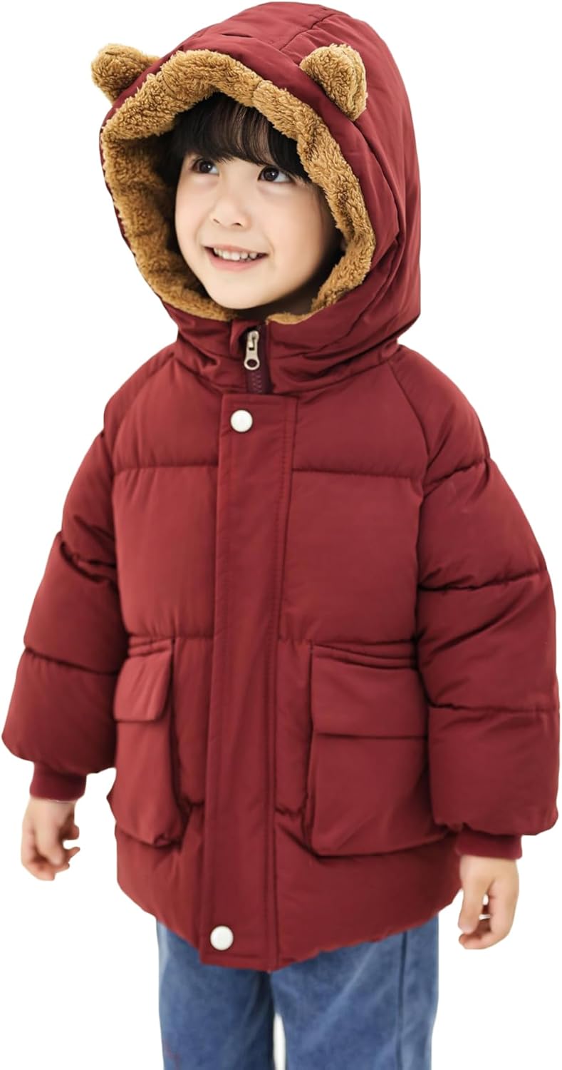 AIWUHE Toddler Winter Coat Boys Girls Down Jacket Hooded Fleece Warm Outwear 3D Ear Padded Puffer Jacket With Pockets 1-6Y