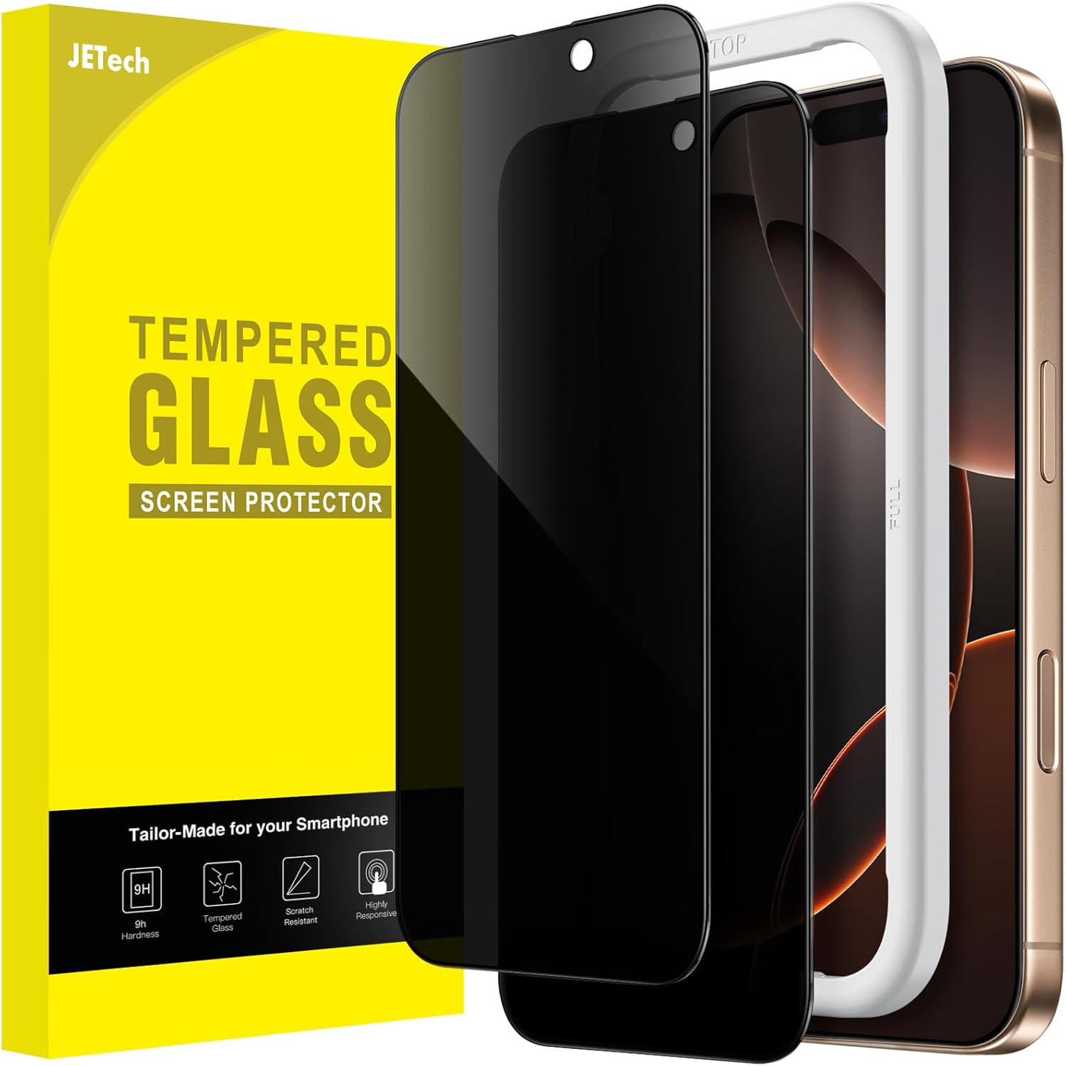 Protecteur d'écran à couverture complète JETech Privacy pour iPhone 16 Pro Max 6,9 pouces, film en verre trempé anti-espion Black Edge avec outil d'installation facile, compatible avec les étuis, lot de 2