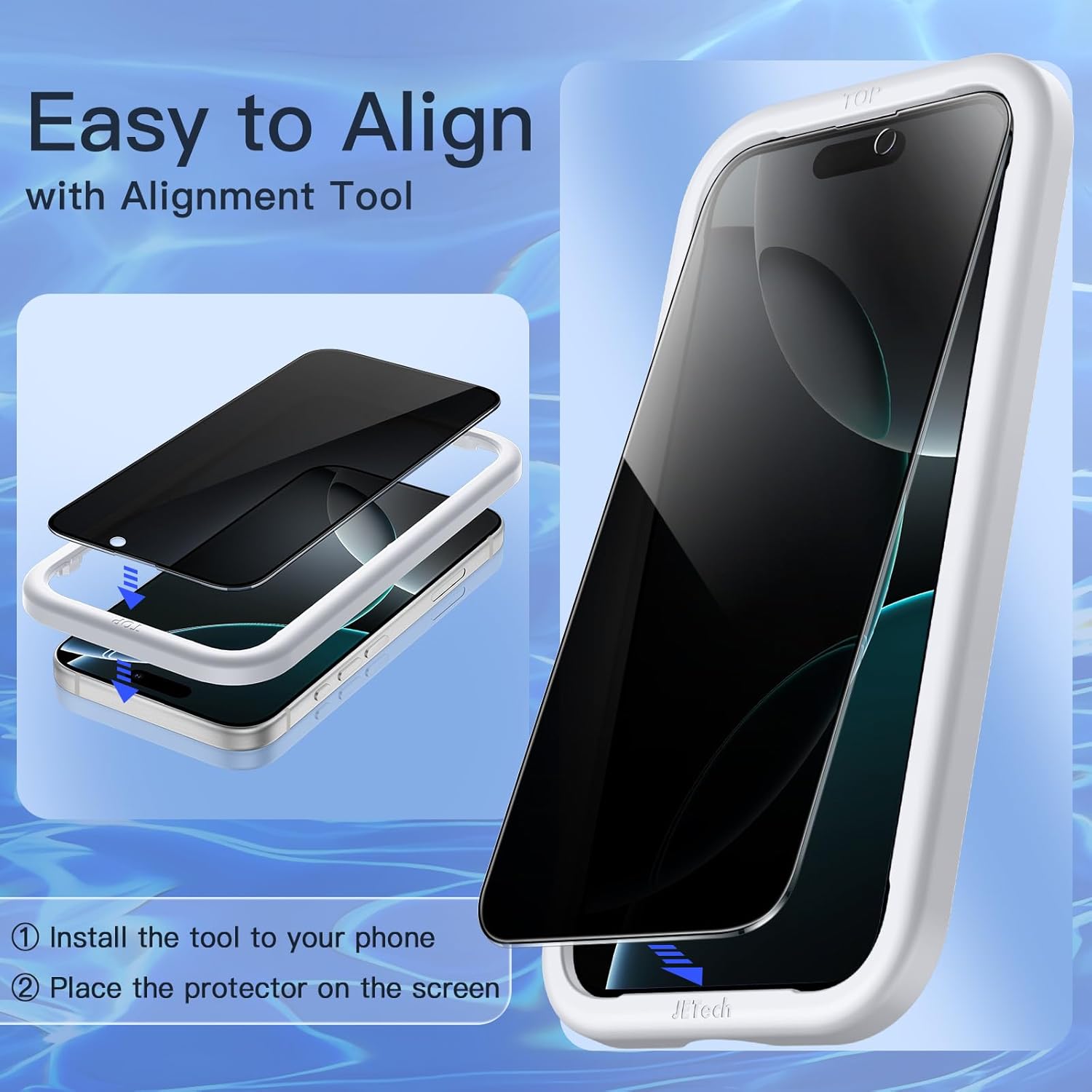 JETech Privacy Full Coverage 스크린 보호 필름 iPhone 16 Pro 6.3인치, 블랙 엣지 안티스파이 강화 유리 필름, 간편한 설치 도구 포함, 케이스 친화적, 2팩