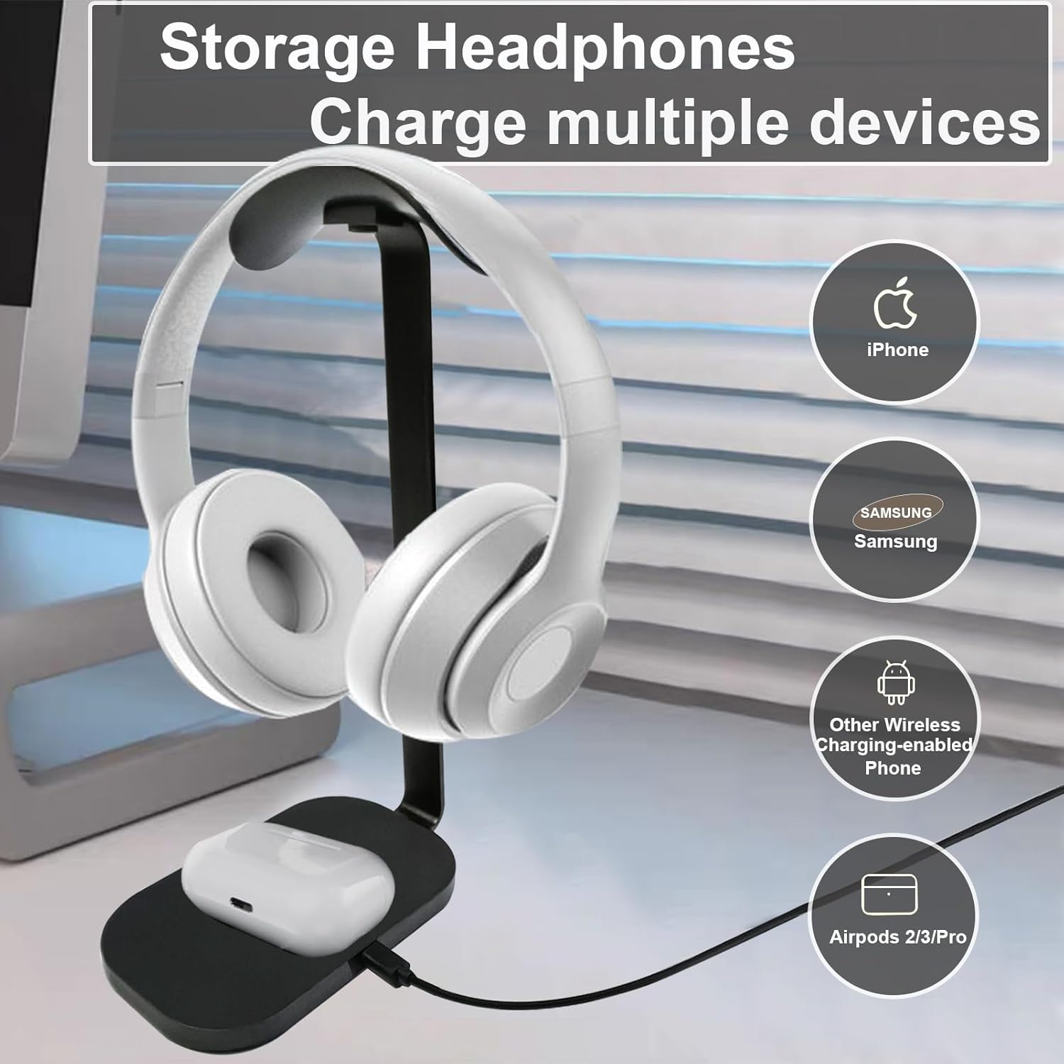 Headphone Stand with 15W Wireless Charging, Headset Stand for Desk, Gaming Headphone Holder with Aluminum Support Bar Silicone Pad Headrest Compatible for Bose, Beats, Razer, Airpod Max, Sony PS4 et. · v4