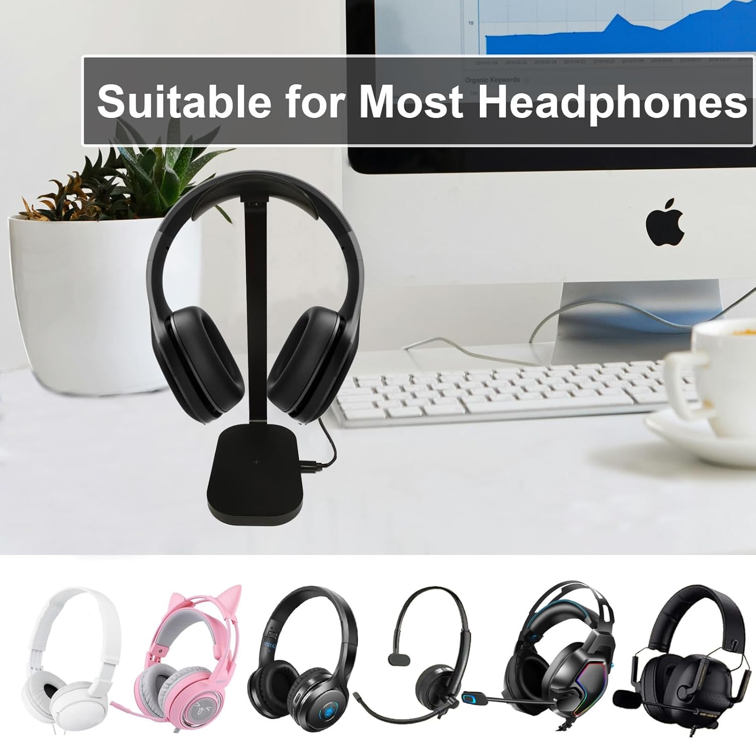 Headphone Stand with 15W Wireless Charging, Headset Stand for Desk, Gaming Headphone Holder with Aluminum Support Bar Silicone Pad Headrest Compatible for Bose, Beats, Razer, Airpod Max, Sony PS4 et. · v4
