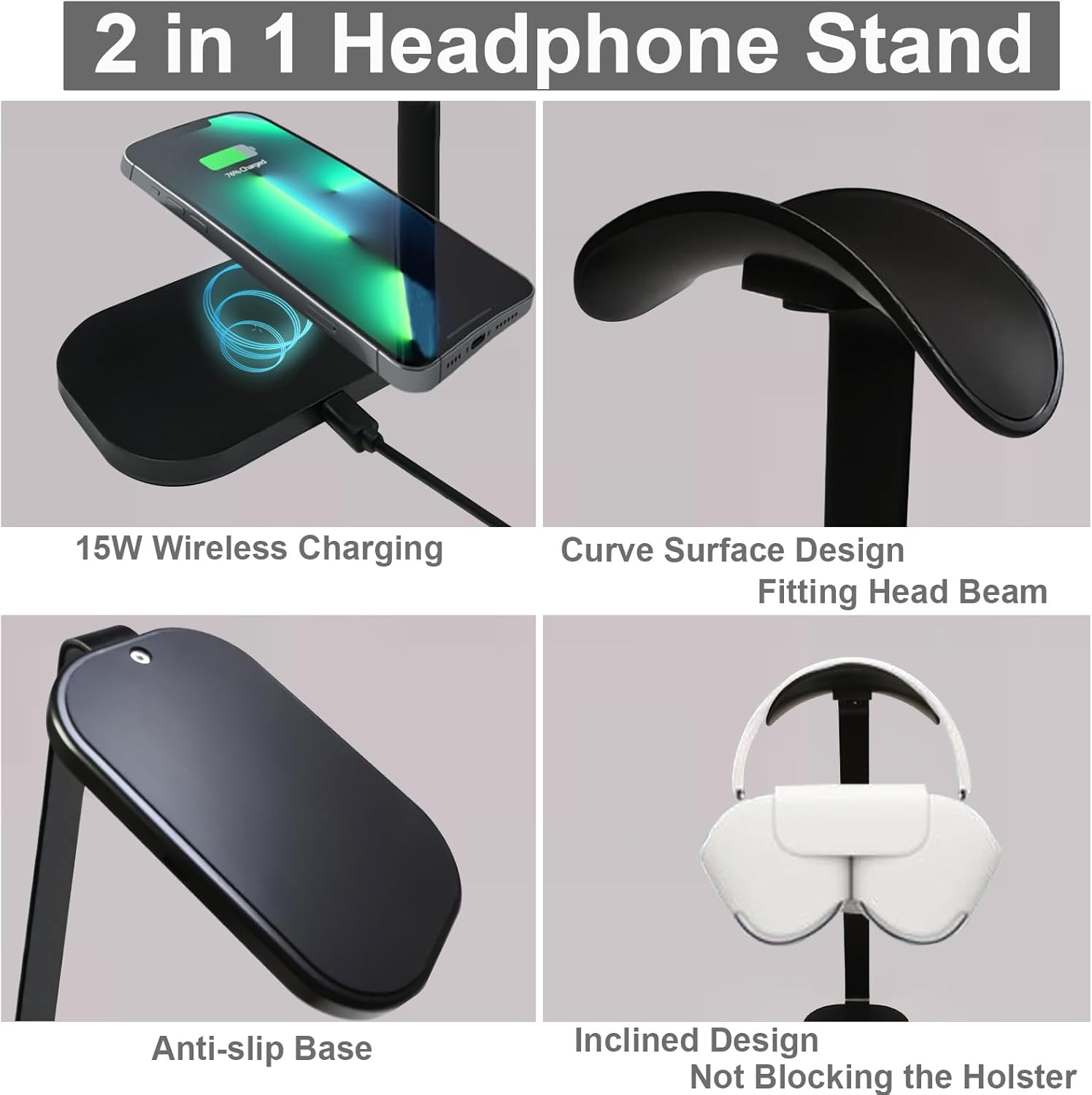 Headphone Stand with 15W Wireless Charging, Headset Stand for Desk, Gaming Headphone Holder with Aluminum Support Bar Silicone Pad Headrest Compatible for Bose, Beats, Razer, Airpod Max, Sony PS4 et. · v4