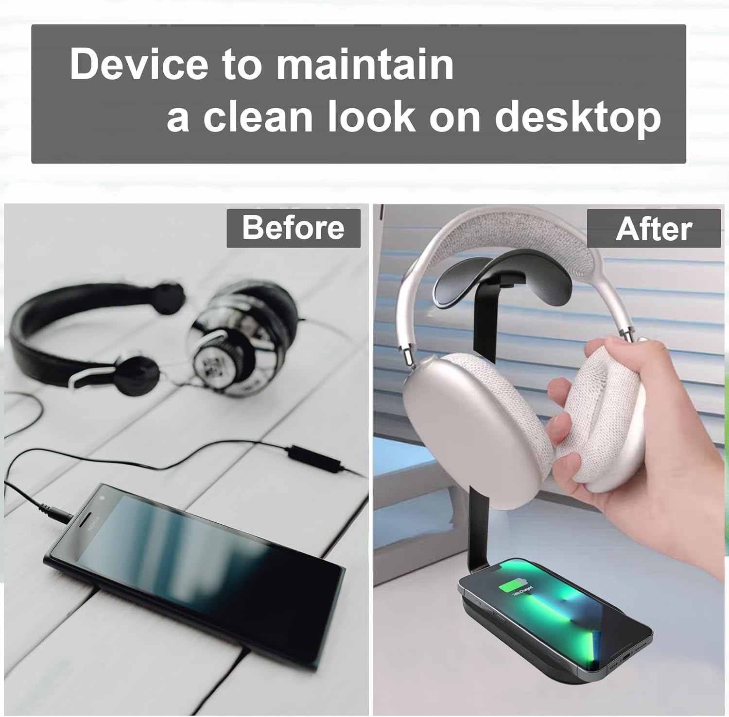 Headphone Stand with 15W Wireless Charging, Headset Stand for Desk, Gaming Headphone Holder with Aluminum Support Bar Silicone Pad Headrest Compatible for Bose, Beats, Razer, Airpod Max, Sony PS4 et. · v4