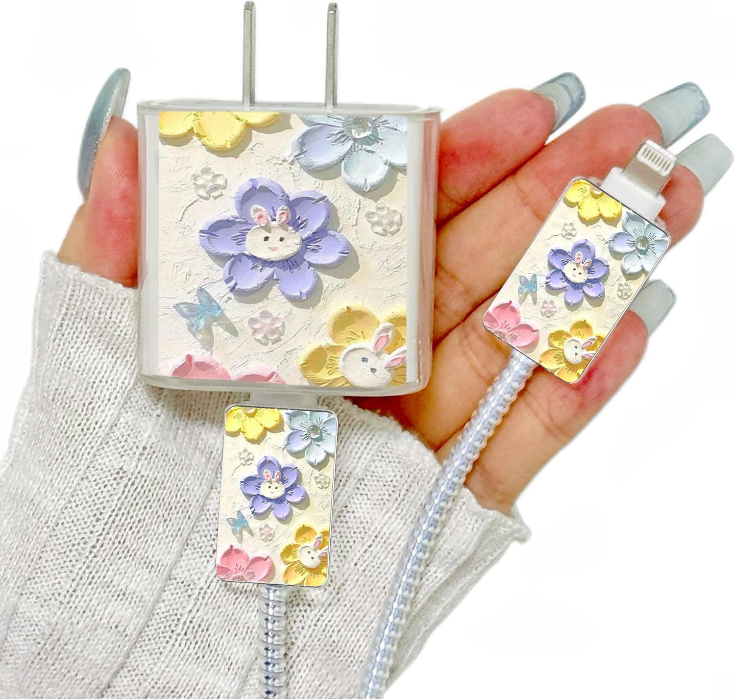 Joli protecteur de chargeur pour iPhone, motif floral vintage de luxe imprimé à l'huile avec motif de lapin kawaii, pour femmes et filles, cordon de recharge souple, économiseur de câble de données pour iPhone 13, 14 15 Pro Max
