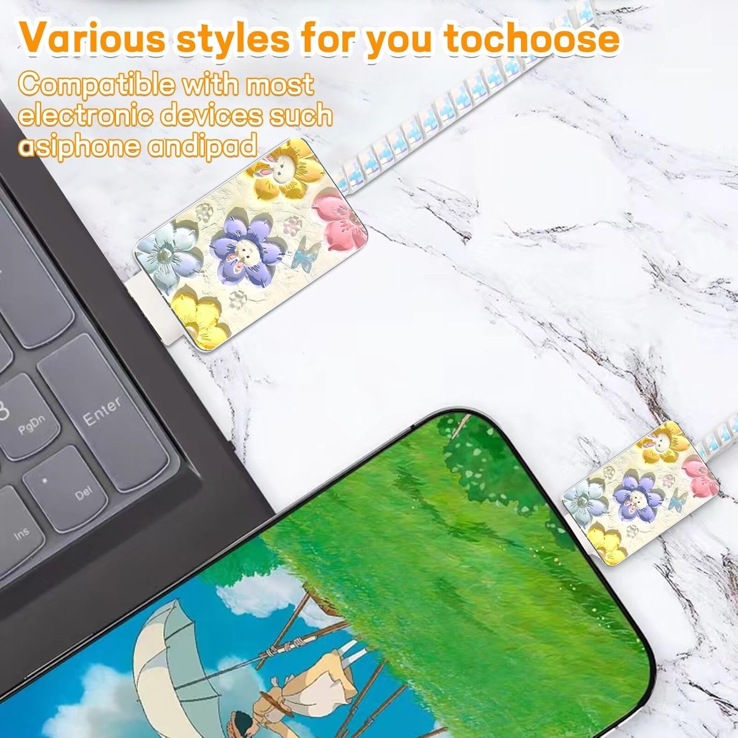 Joli protecteur de chargeur pour iPhone, motif floral vintage de luxe imprimé à l'huile avec motif de lapin kawaii, pour femmes et filles, cordon de recharge souple, économiseur de câble de données pour iPhone 13, 14 15 Pro Max