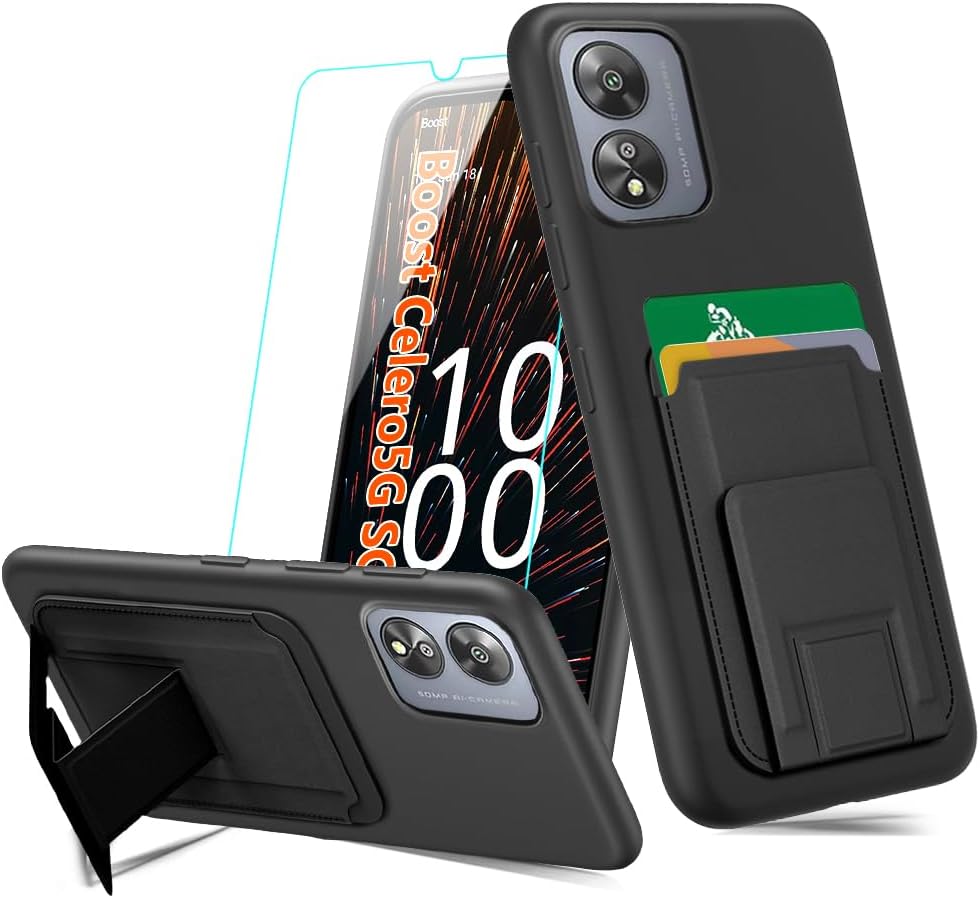 Compatible for Boost Celero5G SC 2024 Phone Case with Tempered Glass Screen Protector, Folding Kickstand/Stand Wallet Card Holder/ Slots Protective Cover Case for Boost Celero 5G SC 2024 - Black