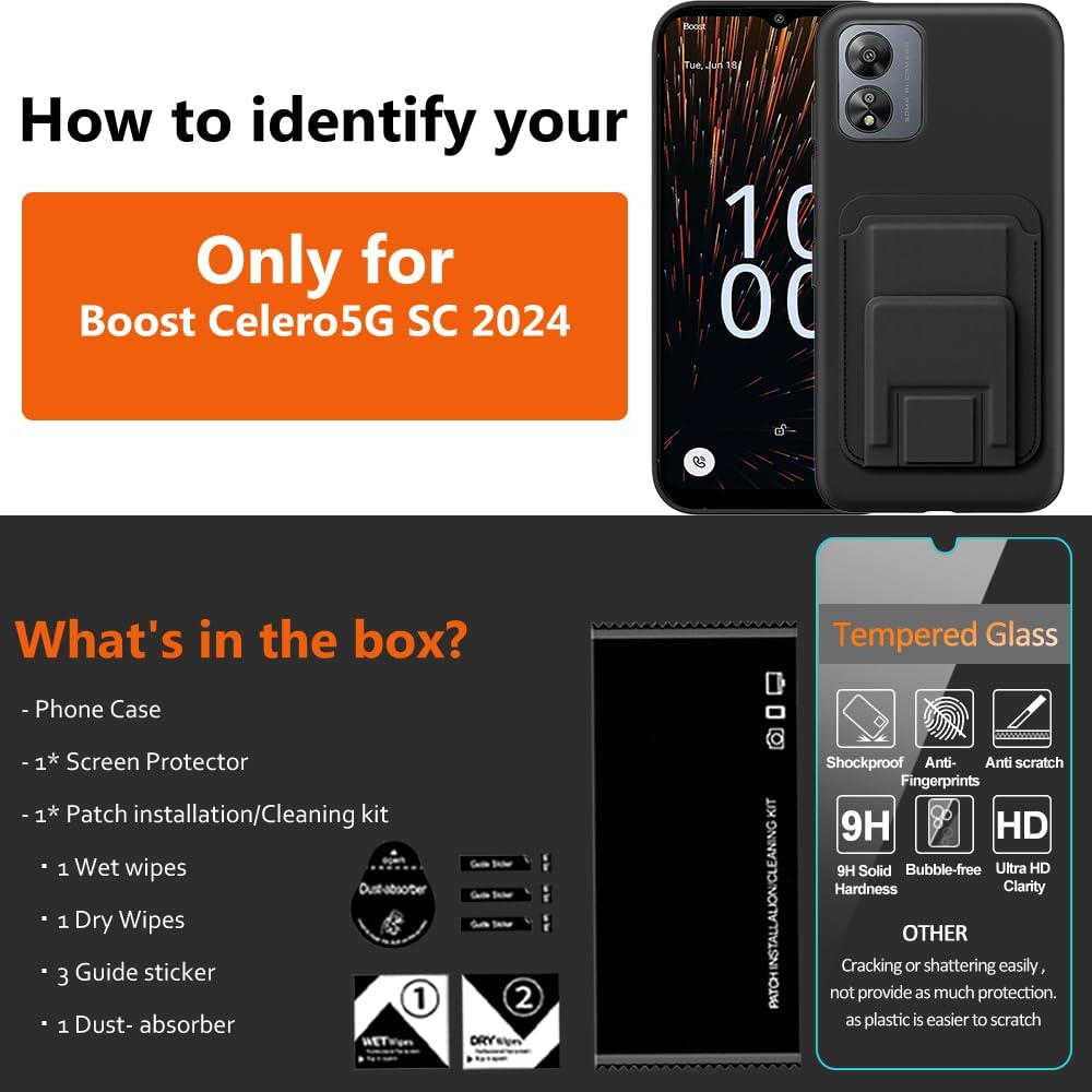 Compatible for Boost Celero5G SC 2024 Phone Case with Tempered Glass Screen Protector, Folding Kickstand/Stand Wallet Card Holder/ Slots Protective Cover Case for Boost Celero 5G SC 2024 - Black