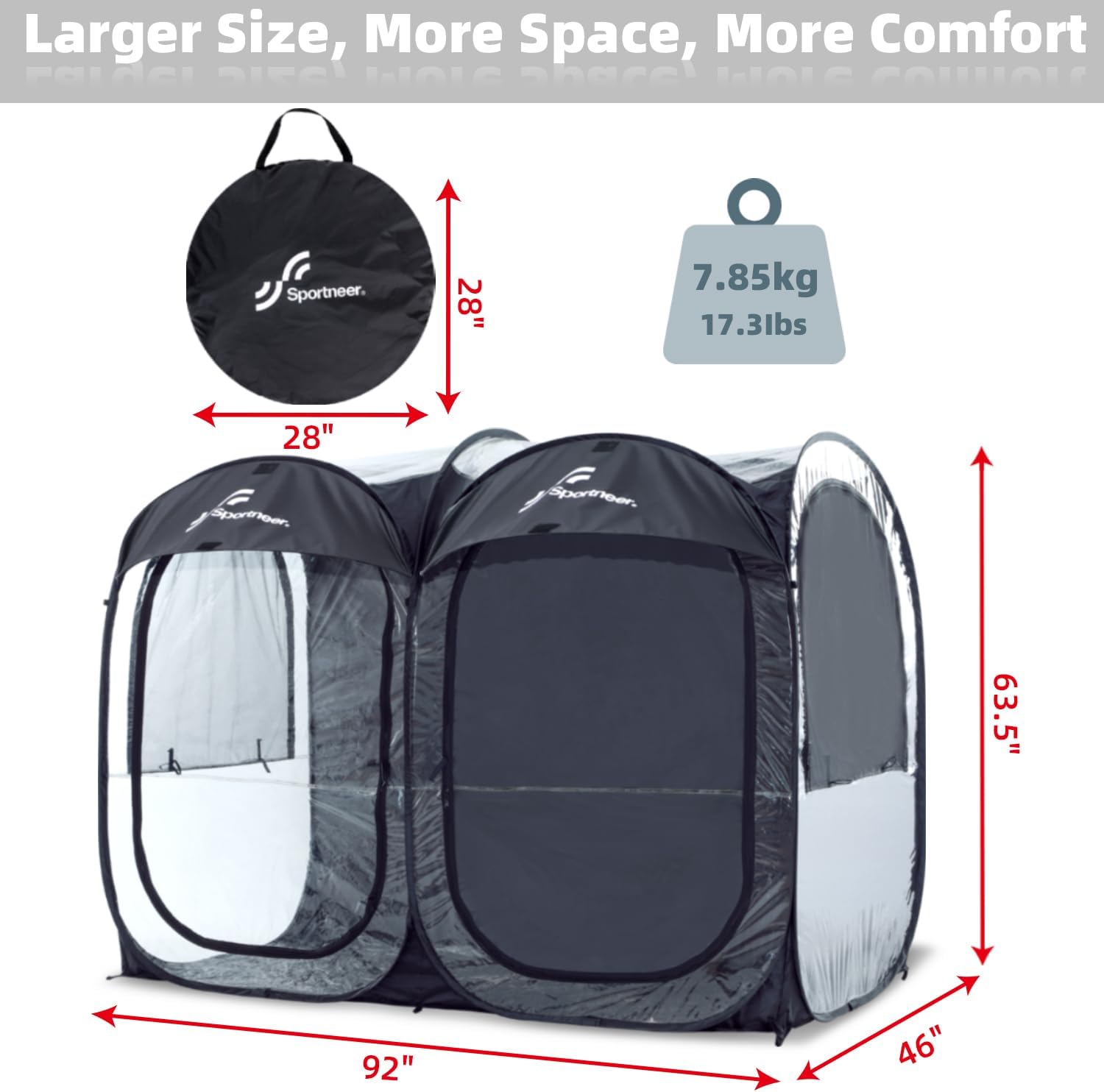 เต็นท์กีฬา Sportneer เต็นท์กีฬาแบบกางออกทันทีสำหรับ 2-4 คน ขนาด 46 x 92 x 63.5 นิ้ว เต็นท์กีฬาแบบใส กันน้ำ เหมาะสำหรับการตกปลา ตั้งแคมป์ และงานกีฬา ติดตั้งง่าย ถอดประกอบง่าย