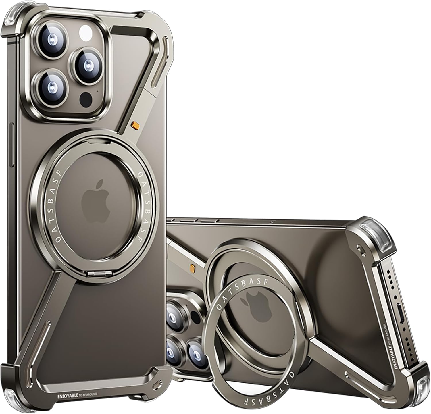 OATSBASF İPhone 16 Pro Max ile Uyumlu Minimalist Telefon Kılıfı, 360° Döndürme Ayaklığı Alüminyum Metal Çerçevesiz Tasarım Tampon Z Kılıfı, Koruyucu Şok Sınıfı Kabuk, Doğal Titanyum