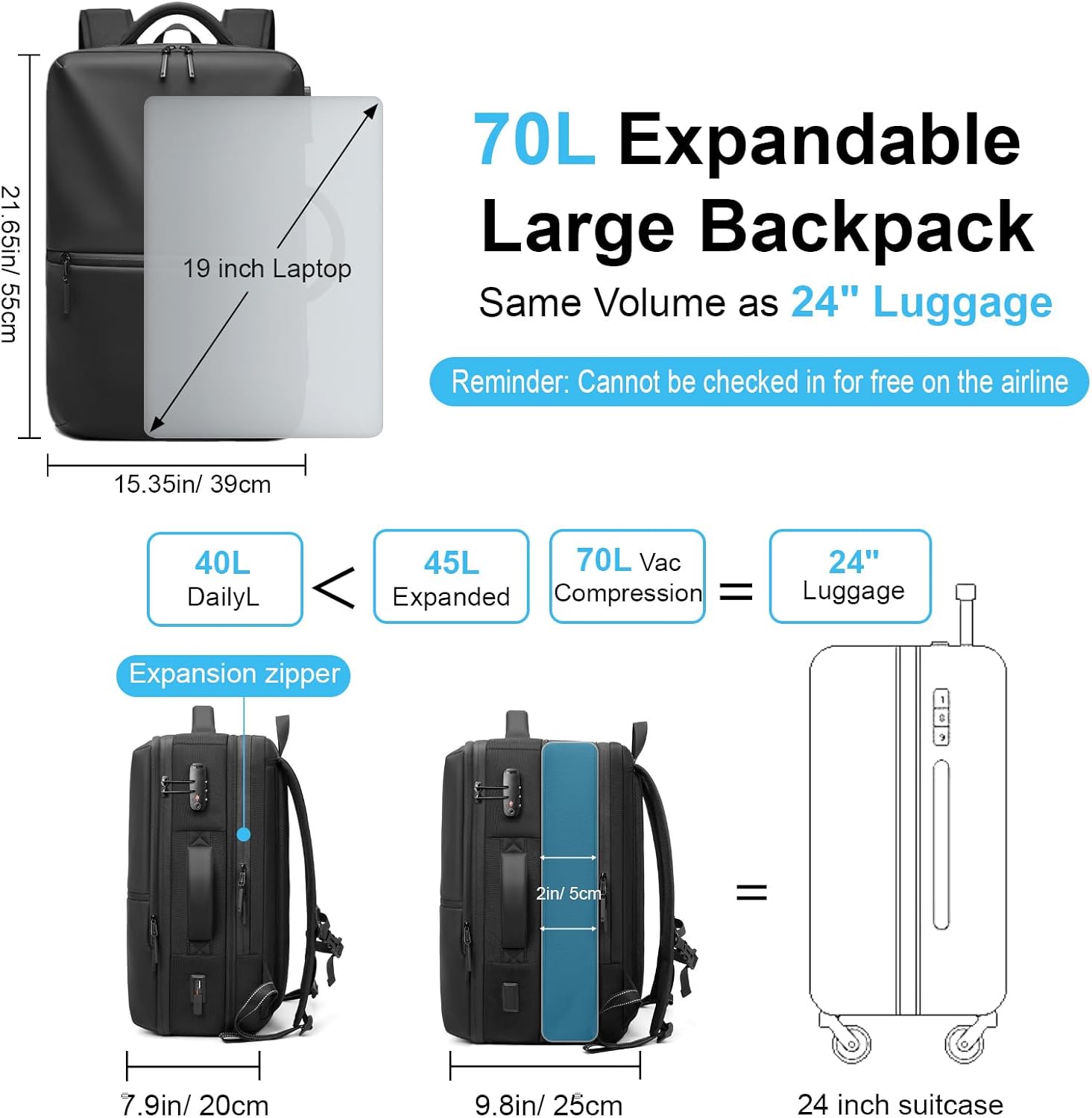 Zurligi Vacuum Backpack Travel - 70L Expandable Travel Backpack, Vacuum Compression Bag with Air Pump, USB Charging Port, Waterproof, Anti-Theft, Ideal for Laptop, Travel, Business, College, Camping · v3