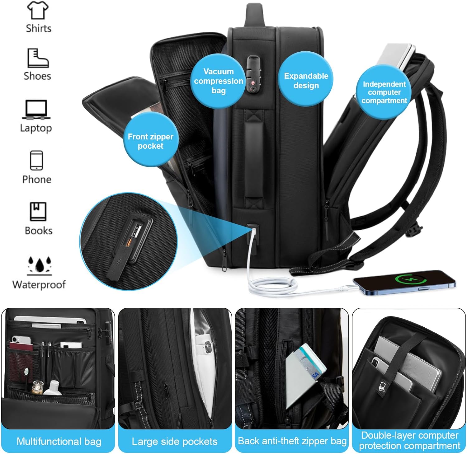 Zurligi Vacuum Backpack Travel - 70L Expandable Travel Backpack, Vacuum Compression Bag with Air Pump, USB Charging Port, Waterproof, Anti-Theft, Ideal for Laptop, Travel, Business, College, Camping · v3