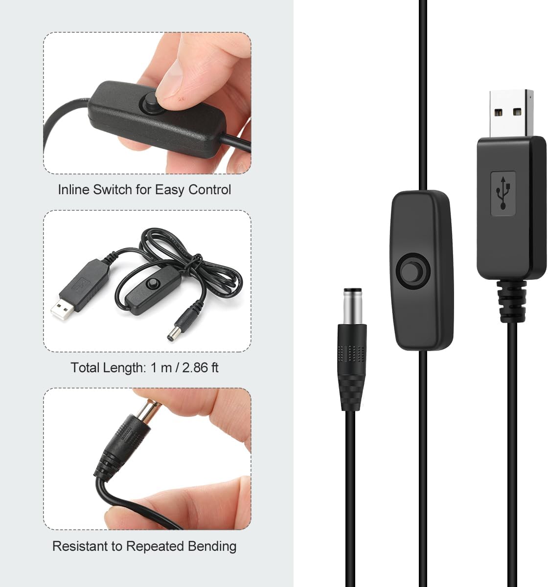 Lenink 12V USB Power Adapter Cord for Baby Car Camera with Inline Switch, 2 Packs 5V to DC 12V Voltage Step Up Converter Boost Cable for Powering Dash Cam, GPS, Router, Small Devices