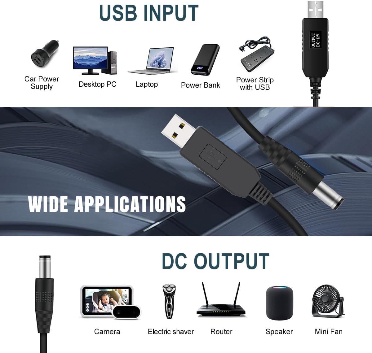 Lenink 12V USB Power Adapter Cord for Baby Car Camera with Inline Switch, 2 Packs 5V to DC 12V Voltage Step Up Converter Boost Cable for Powering Dash Cam, GPS, Router, Small Devices