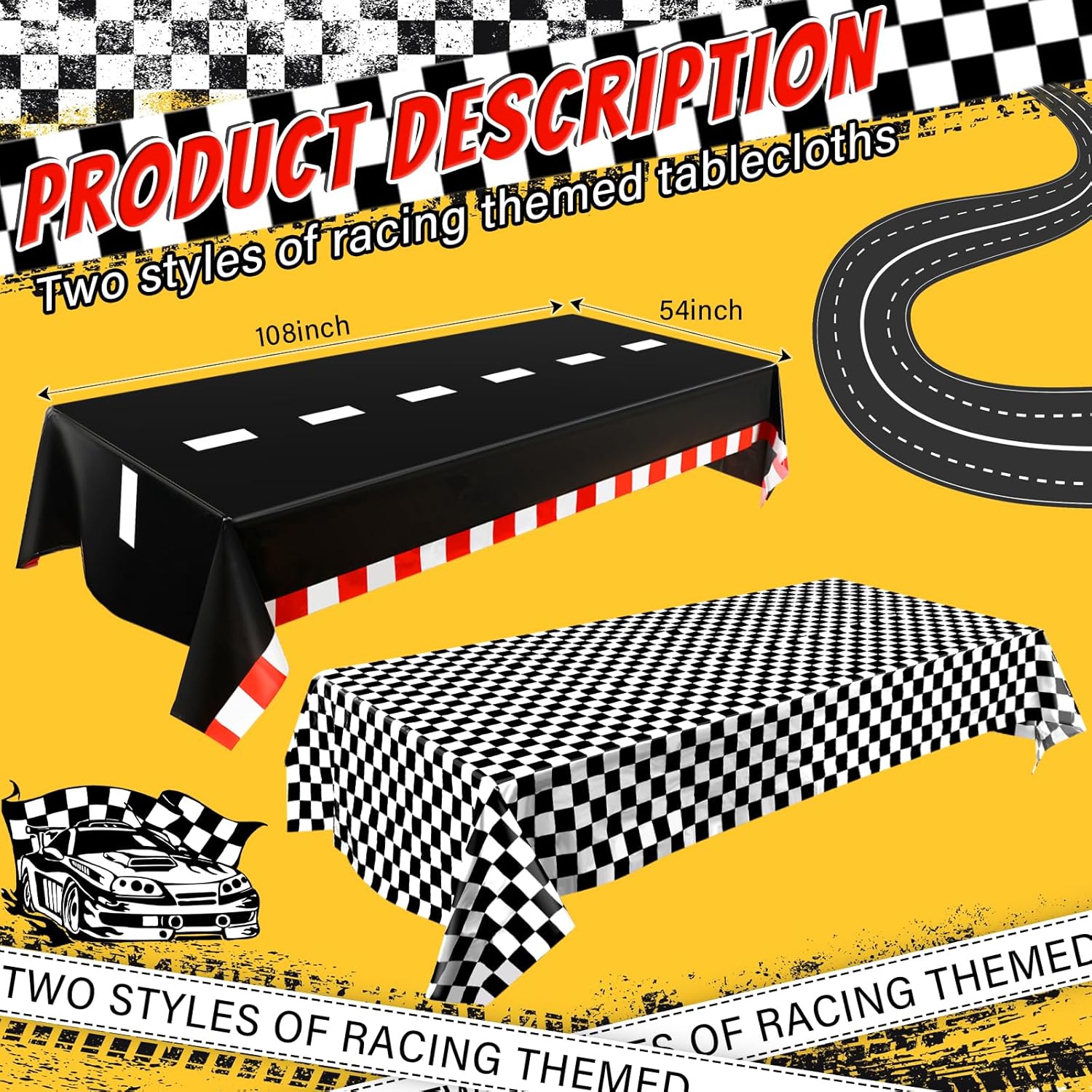 2 Packs Car Birthday Party Decorations Plastic Car Table Cloth Two Fast Disposable Race Road Checkered Party Supplies Car Theme Party Favors for Boys Birthday Baby Shower, 54 x 108 Inch · v2