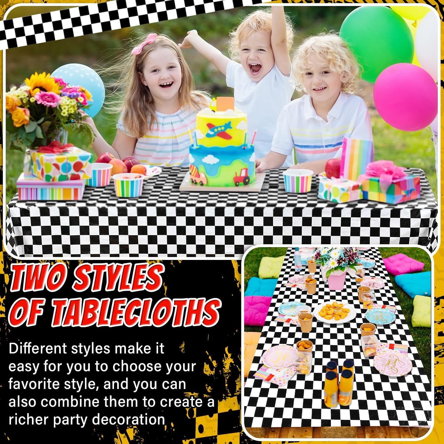 2 Packs Car Birthday Party Decorations Plastic Car Table Cloth Two Fast Disposable Race Road Checkered Party Supplies Car Theme Party Favors for Boys Birthday Baby Shower, 54 x 108 Inch · v2