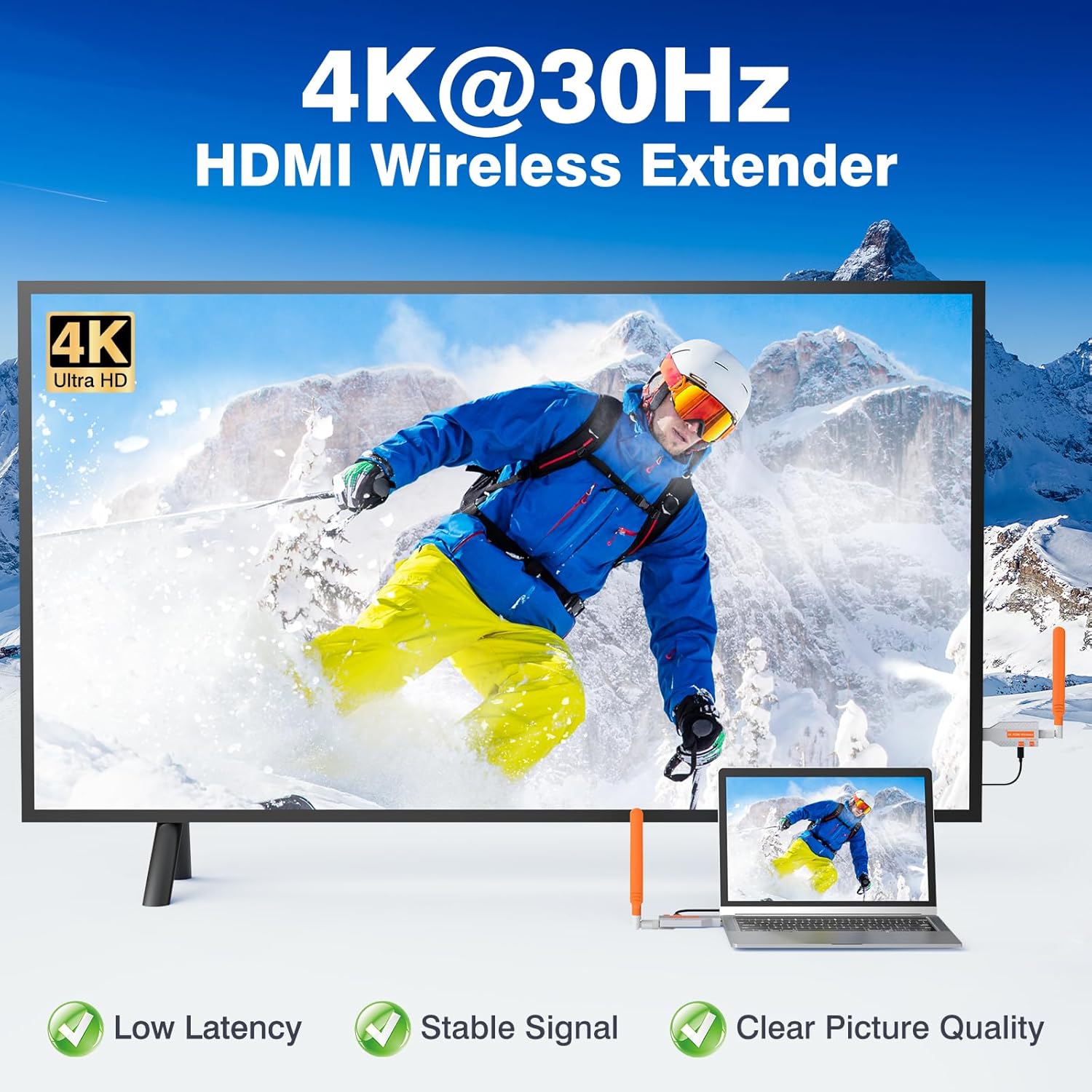 4K Wireless HDMI Transmitter and Receiver, 2160P 30HZ Wireless HDMI Extender, Silvery Metal Housing, 500FT Range, Compatible with PC/Laptop/Projector/TV/Camera, No App/Driver/Bluetooth Needed · v8