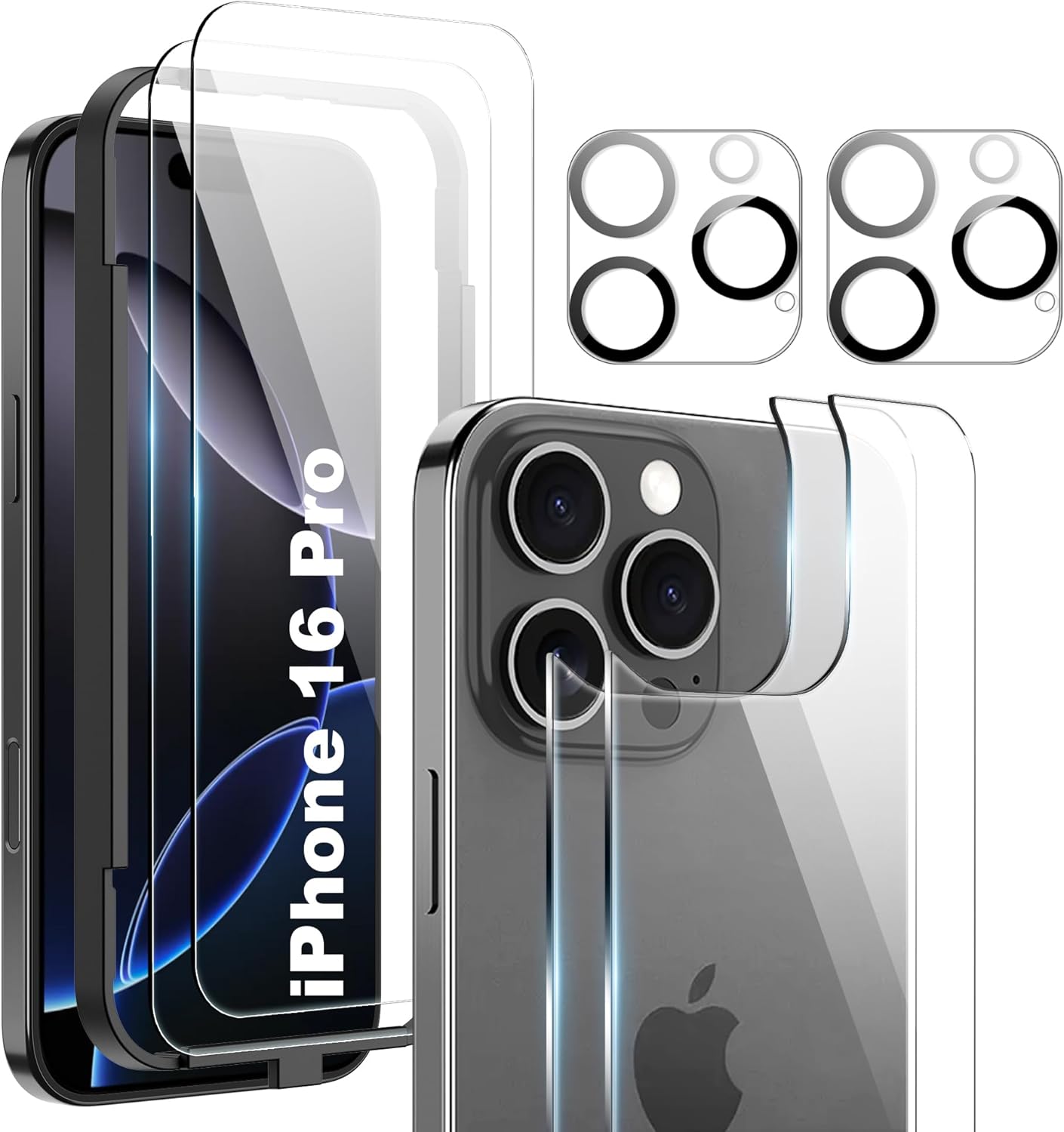 protecteur d'écran pour iPhone 16 Pro Back (6,3 pouces), protecteur d'écran, protecteur d'objectif d'appareil photo, dureté 9H, verre trempé HD, compatible avec les étuis, (lot de 2, 2)