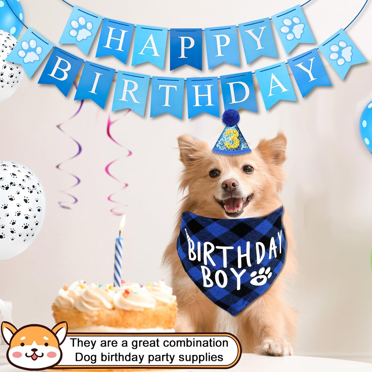 Blue Dog Birthday Party Decorations, Dog Birthday Party Supplies Hat Bandana Bib Dog Birthday Hat Dog Birthday Banner Puppy Birthday Decorations for Dogs Pets Puppy · v11