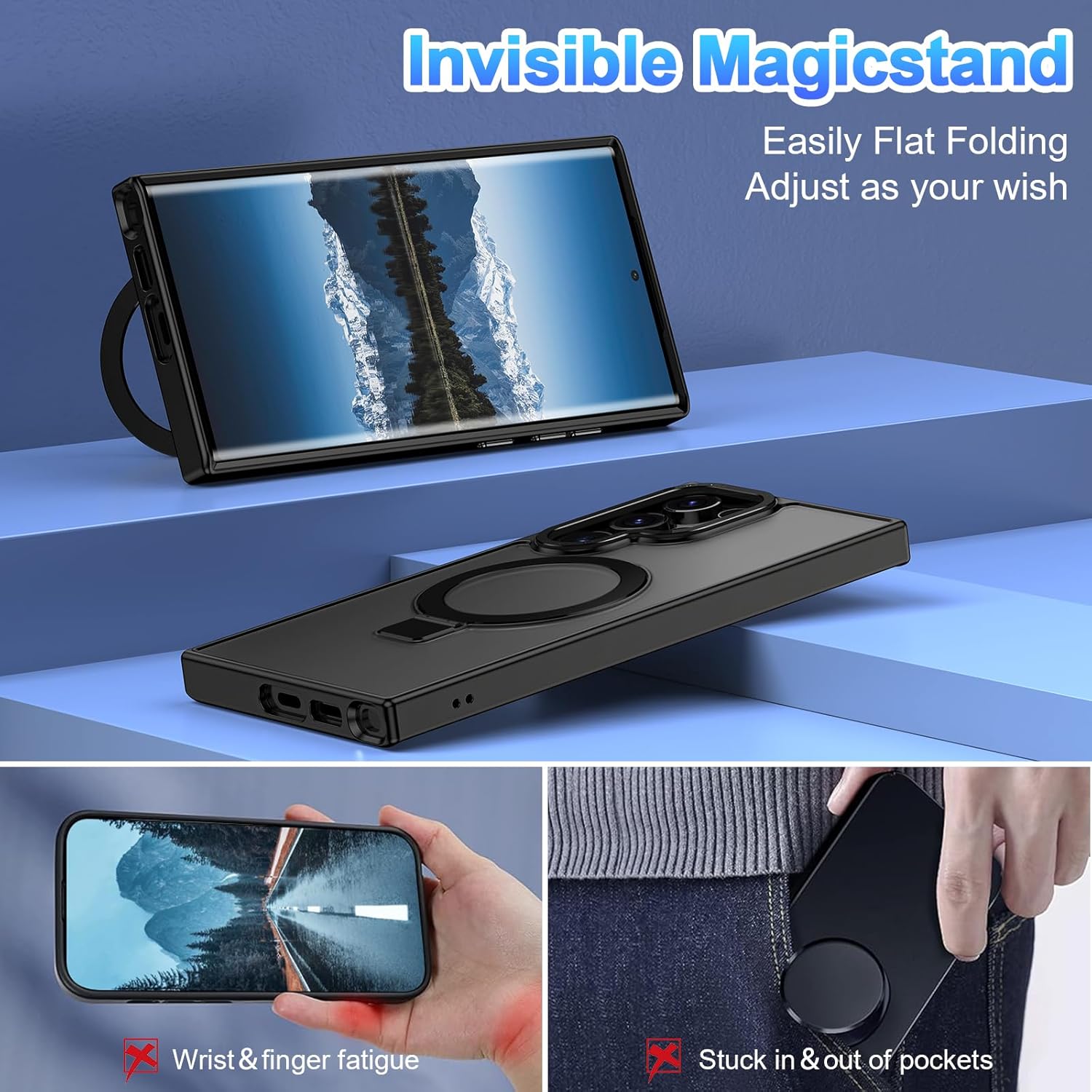 for Samsung Galaxy S23 Ultra Case,with Magnetic Invisible Stand [Military Drop Protection] [Compatible with MagSafe] Shockproof Slim Translucent Anti-Slip, Black