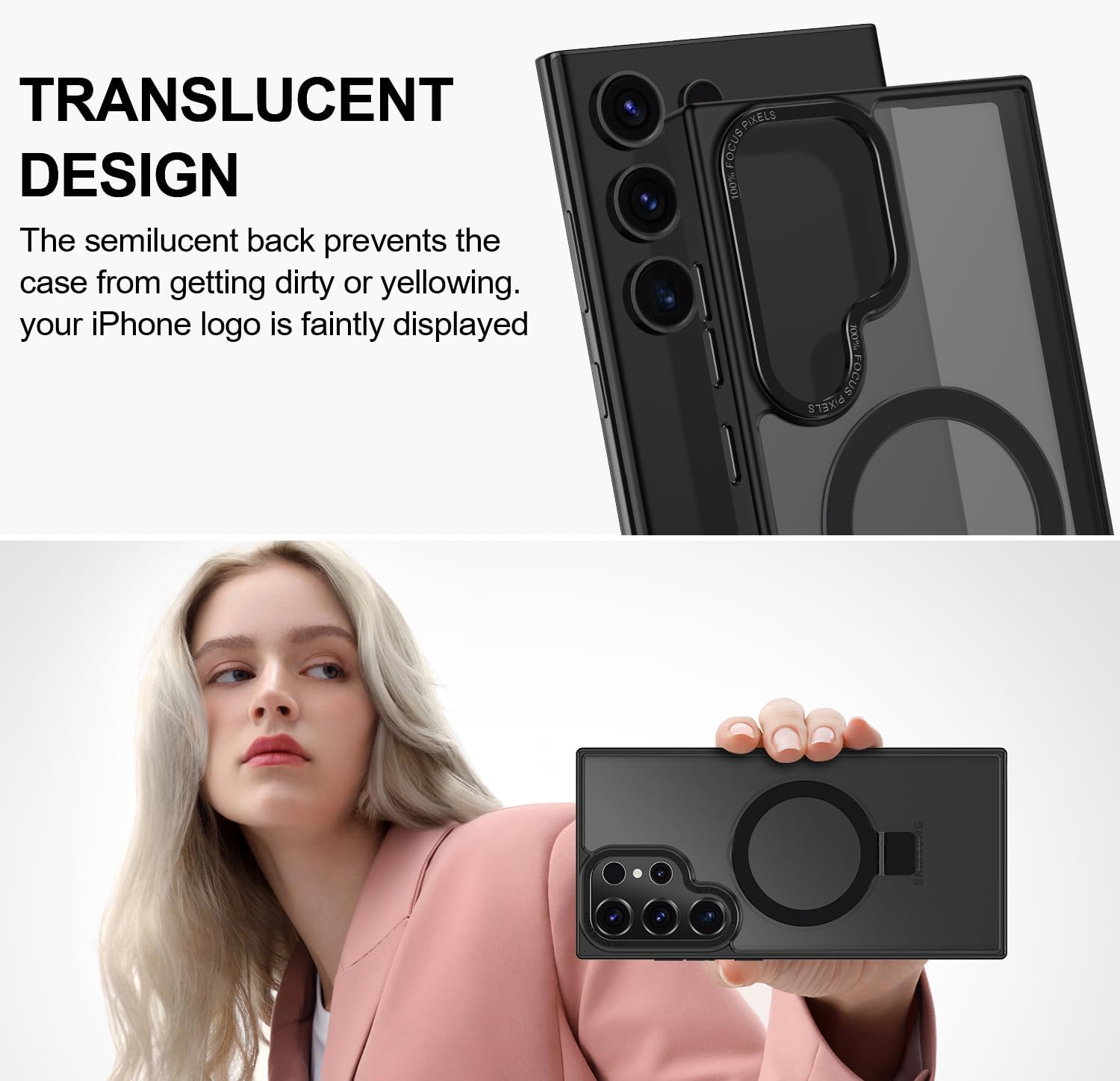 for Samsung Galaxy S23 Ultra Case,with Magnetic Invisible Stand [Military Drop Protection] [Compatible with MagSafe] Shockproof Slim Translucent Anti-Slip, Black
