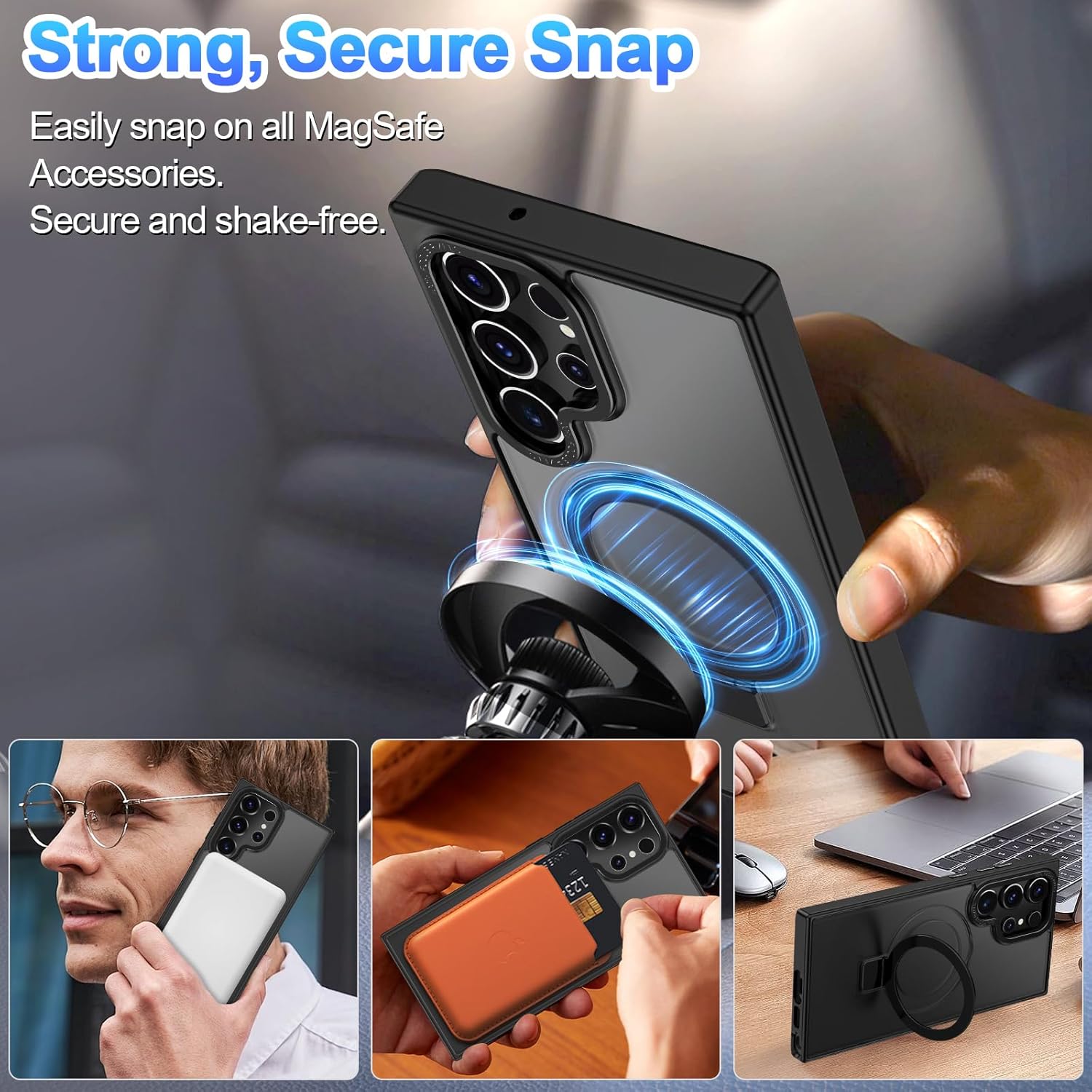 for Samsung Galaxy S23 Ultra Case,with Magnetic Invisible Stand [Military Drop Protection] [Compatible with MagSafe] Shockproof Slim Translucent Anti-Slip, Black