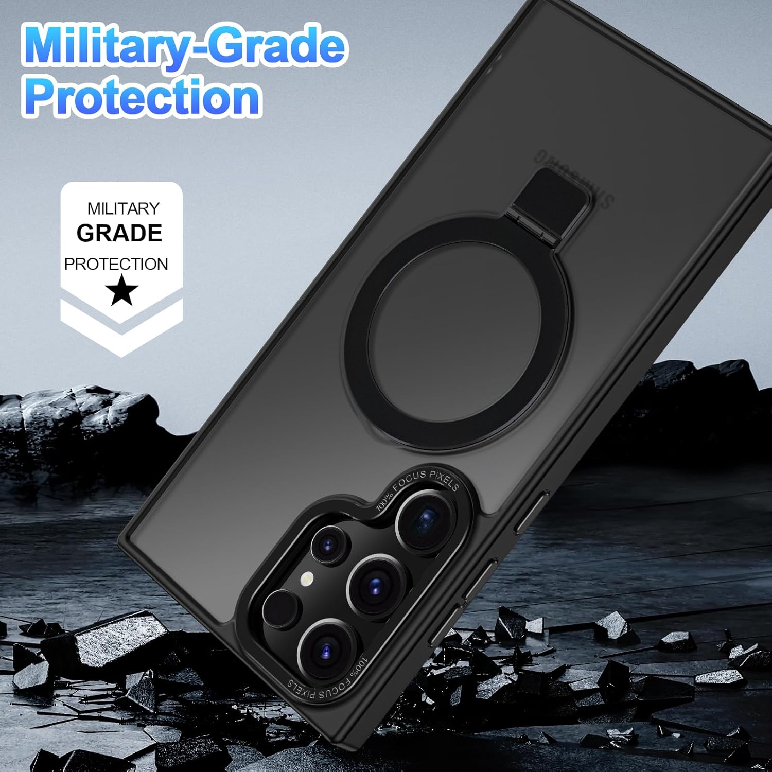 for Samsung Galaxy S23 Ultra Case,with Magnetic Invisible Stand [Military Drop Protection] [Compatible with MagSafe] Shockproof Slim Translucent Anti-Slip, Black