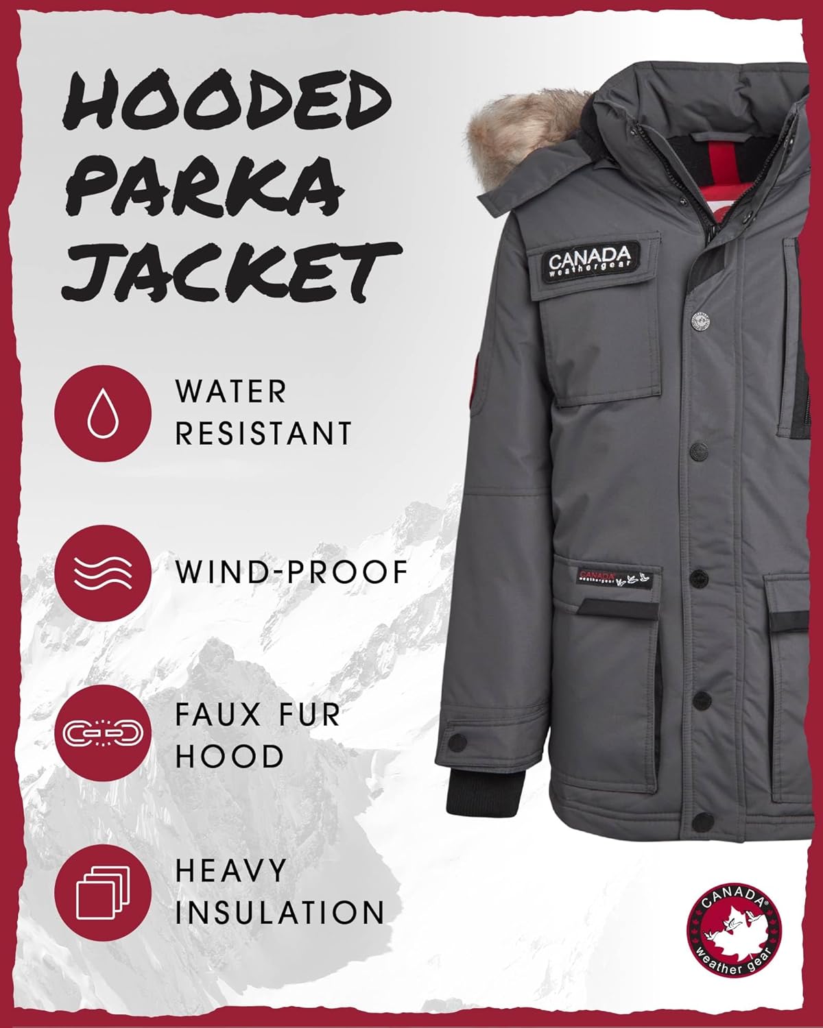 CANADA WEATHER GEAR Boys Parka - Jaket Parka Berlapis Bulu Polar Tebal dengan Tudung Bulu Palsu - Jaket Hangat untuk Anak Laki-laki (8-20)