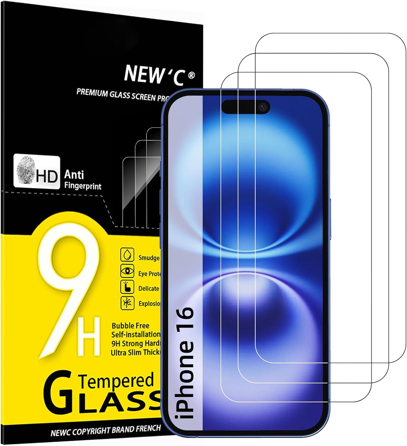 NEWC 3 Pack Designed compatible for iPhone 16 (6.1 inches) Screen Protector Tempered Glass,Case Friendly Ultra Resistant