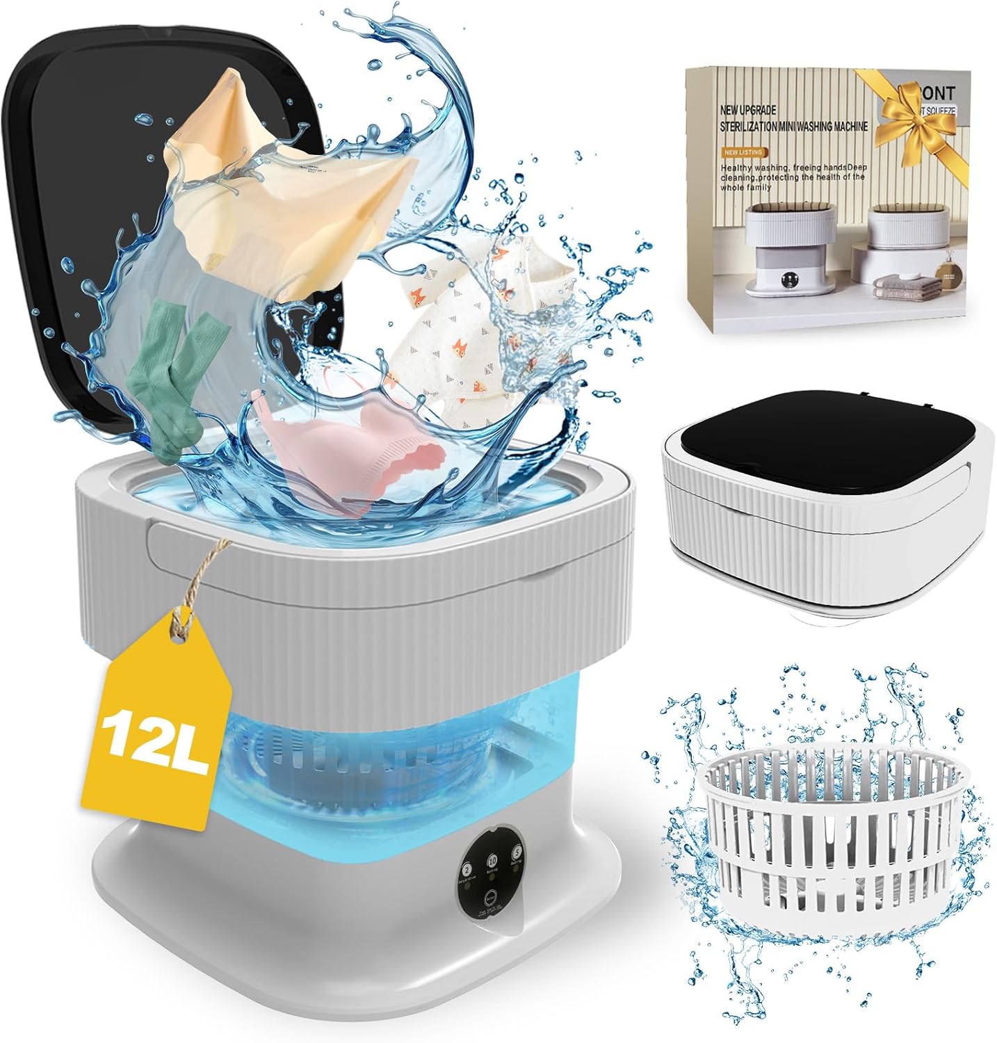 Portable Washing Machine, 12L Foldable Mini Washer and Dryer, Compact Folding Small Laundry Washer, Blue