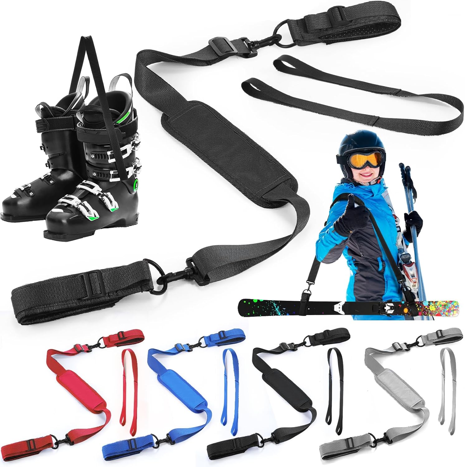 4er-Pack Skigurt und Stockträger für Downhill-Skier mit verstellbaren, rutschfesten Schultergurten, Tragegurt für Ski- und Snowboardschuhe für Herren und Damen, Outdoor-Wintersportzubehör, 4 Farben