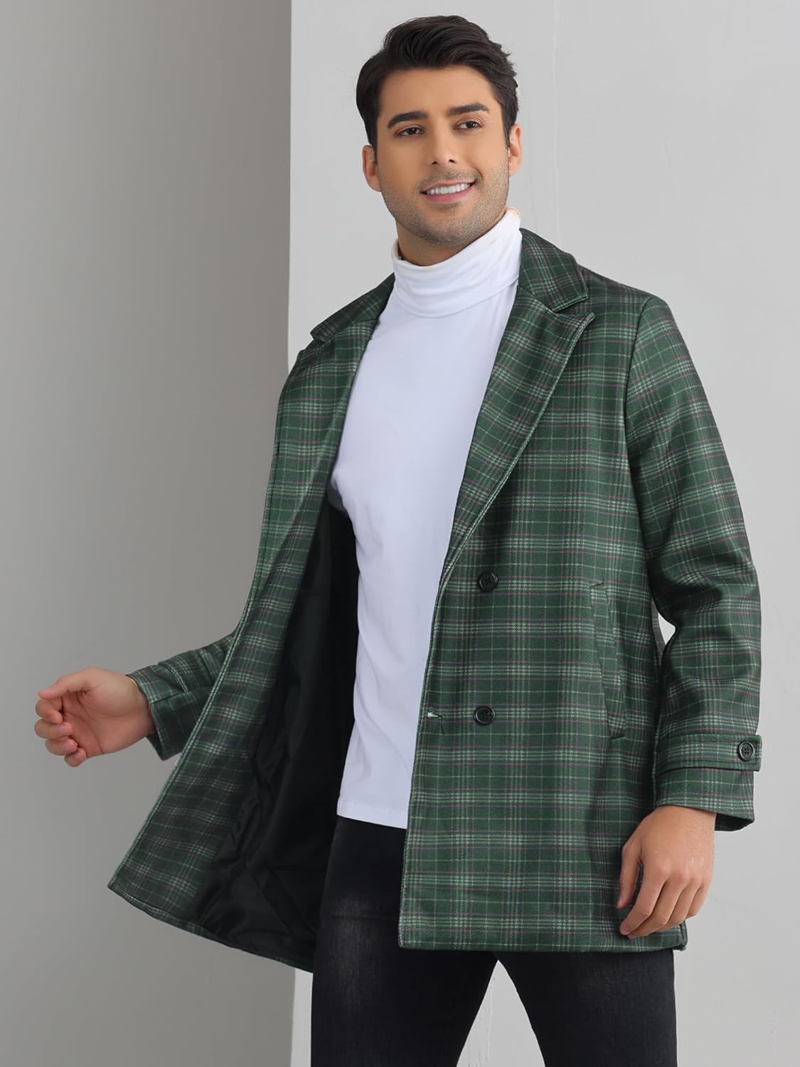 Lars Amadeus Plaid Overcoat for Mens Notch Collar Double Breasted Checked Winter Trench Coat · v3