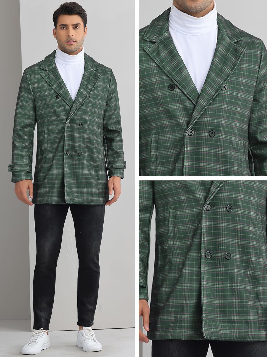 Lars Amadeus Plaid Overcoat for Mens Notch Collar Double Breasted Checked Winter Trench Coat · v3