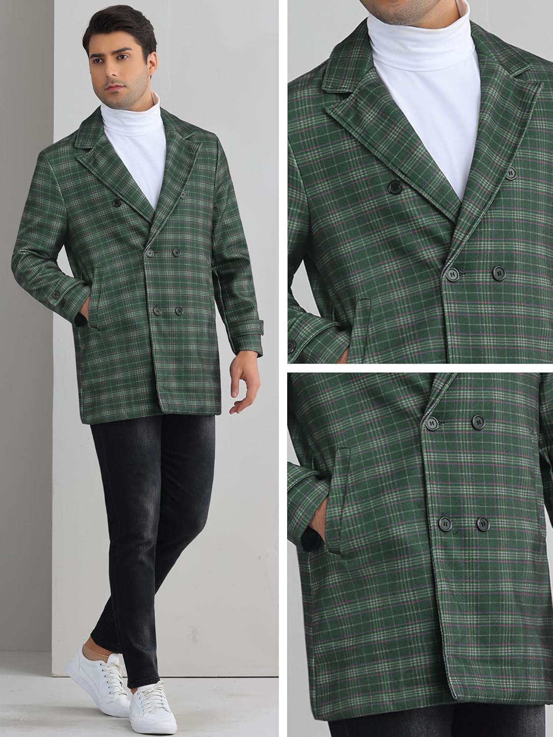 Lars Amadeus Plaid Overcoat for Mens Notch Collar Double Breasted Checked Winter Trench Coat · v3
