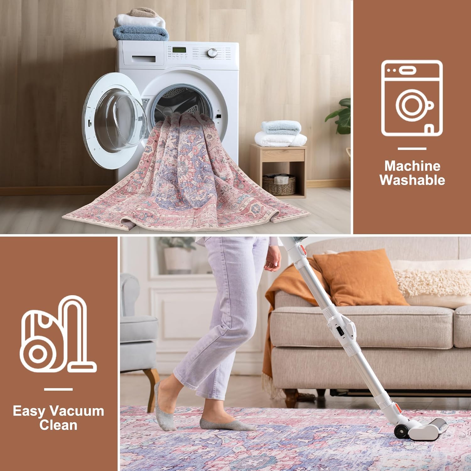 พรมขนาด 9x12 นิ้ว - พรมกันลื่นลายรังผึ้ง Medallion สีชมพู/มหาสมุทร พรมพับได้ ซักด้วยเครื่องซักผ้าได้ สำหรับห้องนั่งเล่น ห้องนอน ห้องทานอาหาร ห้องเด็ก