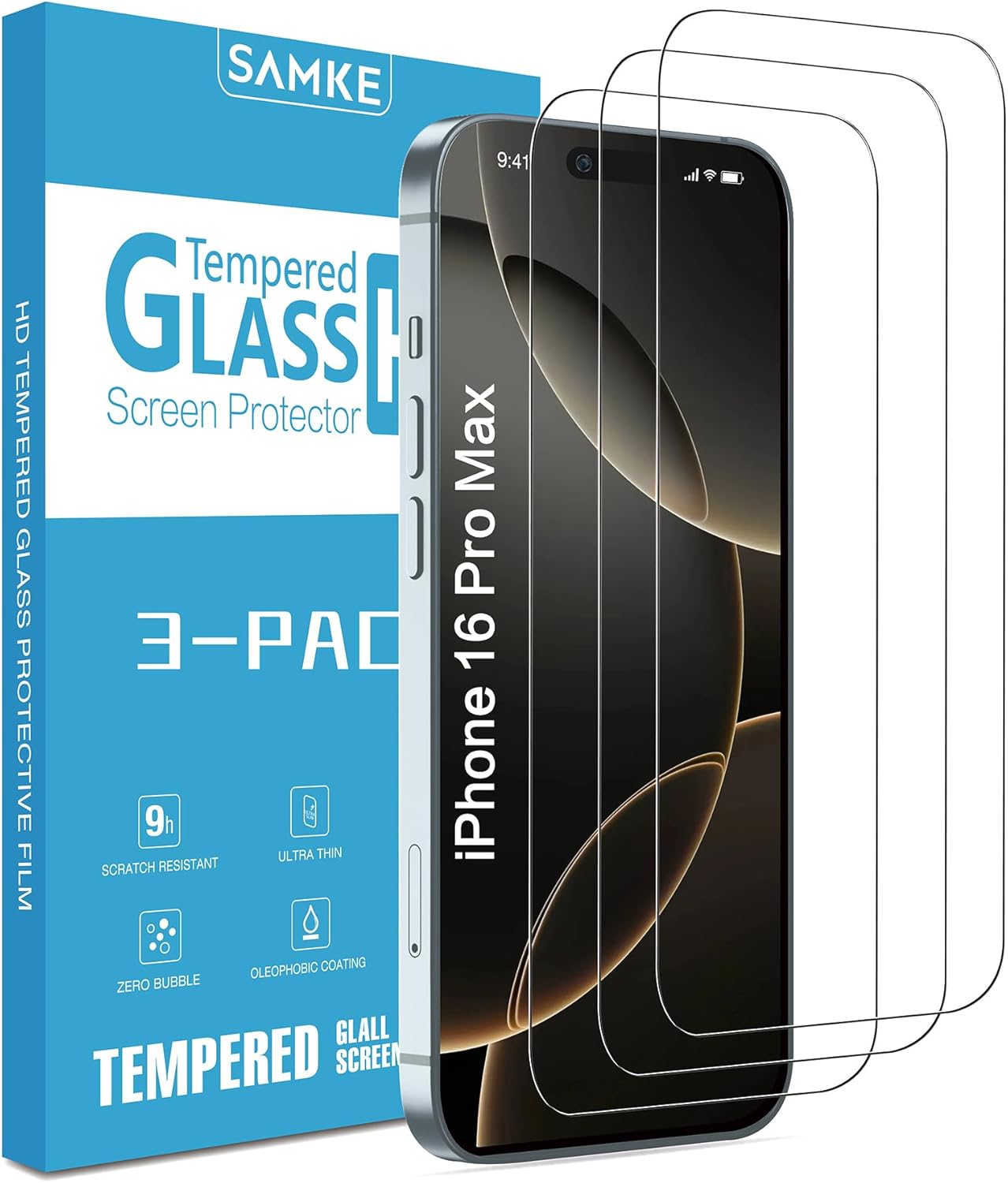 SAMKE 3-Pack for iPhone 16 Pro Max Screen Protector Tempered Glass, iPhone 16 ProMax (6.9-inch) Tempered Glass Film, 10H Hardness, Ultra Resistant, Ultra-strong adsorption, easy to install, Bubble Free · v2