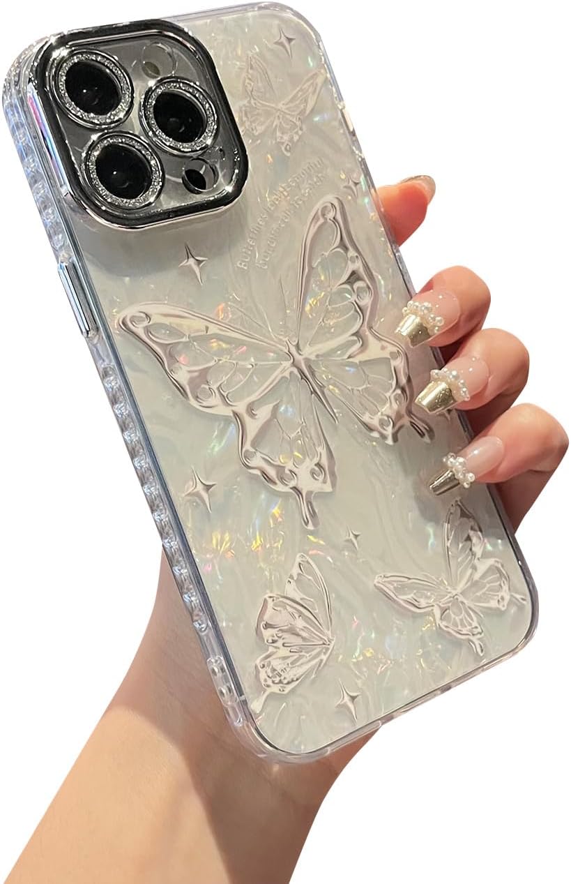 for iPhone 15 Pro Max Case Sparkle Bling Camera Lens Protection Cute Pattern IMD Print Design TPU PC Shockproof Protective Phone Case for iPhone 15 Pro Max 6.7 Inch - Metallic Butterfly · v7