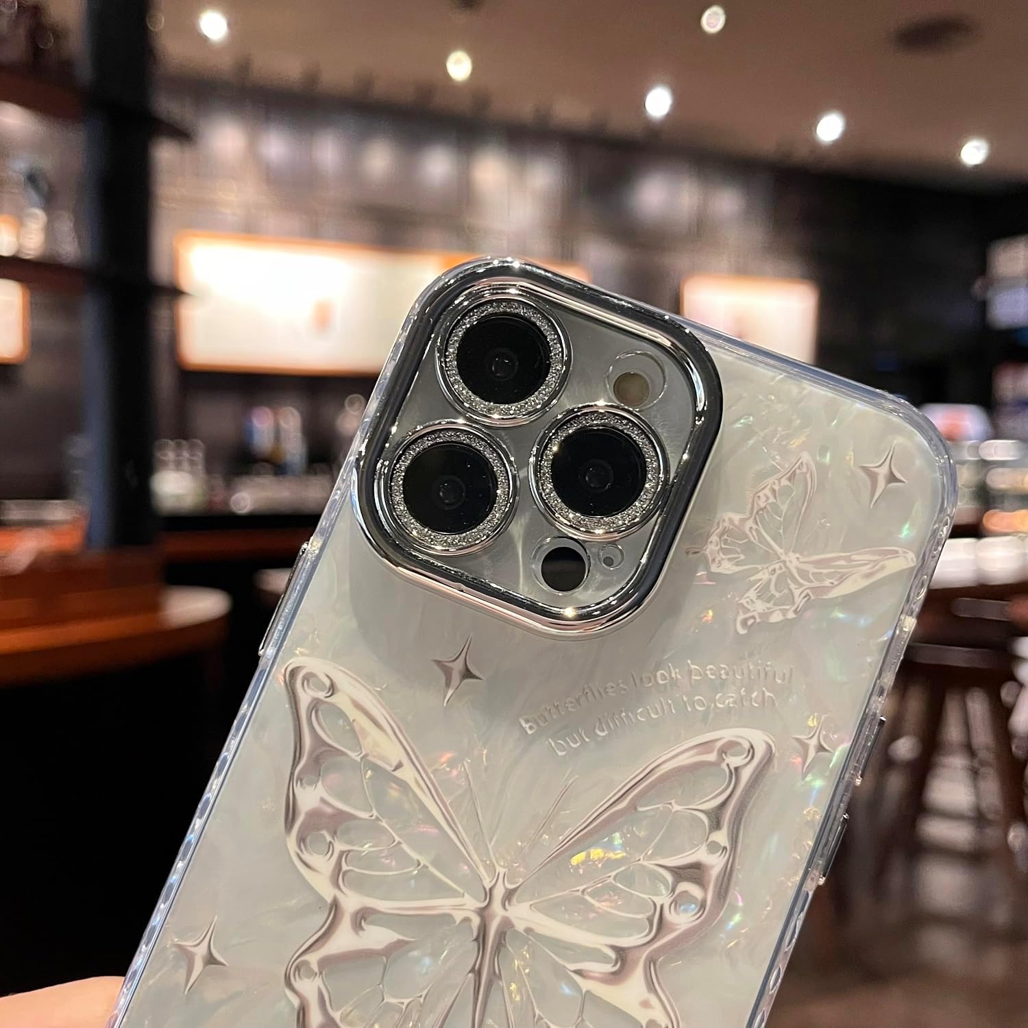 iPhone 15 Pro Max Kılıf Işıltılı Bling Kamera Lens Koruması Sevimli Desen IMD Baskı Tasarımı TPU PC Darbeye Dayanıklı Koruyucu Telefon Kılıfı iPhone 15 Pro Max 6.7 İnç - Metalik Kelebek