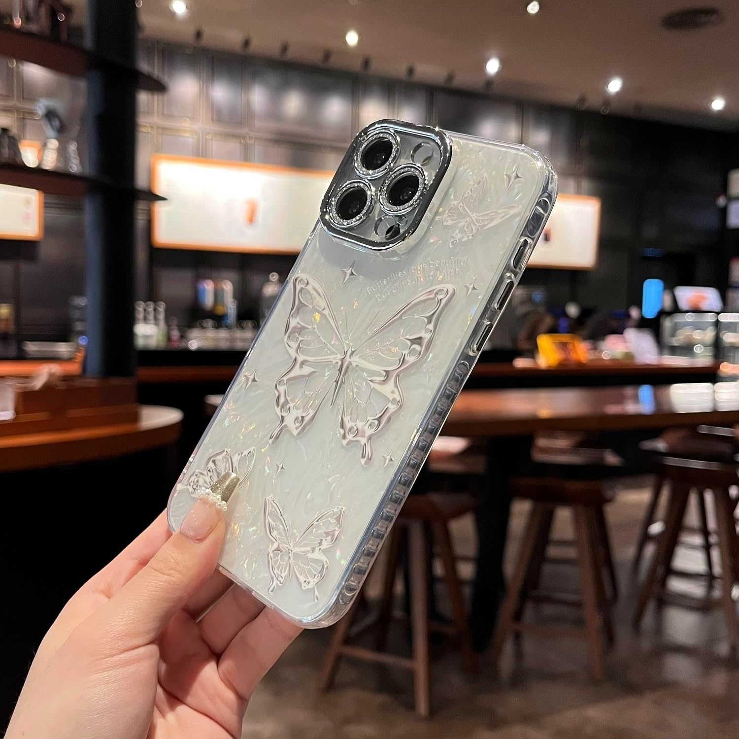 iPhone 15 Pro Max Kılıf Işıltılı Bling Kamera Lens Koruması Sevimli Desen IMD Baskı Tasarımı TPU PC Darbeye Dayanıklı Koruyucu Telefon Kılıfı iPhone 15 Pro Max 6.7 İnç - Metalik Kelebek