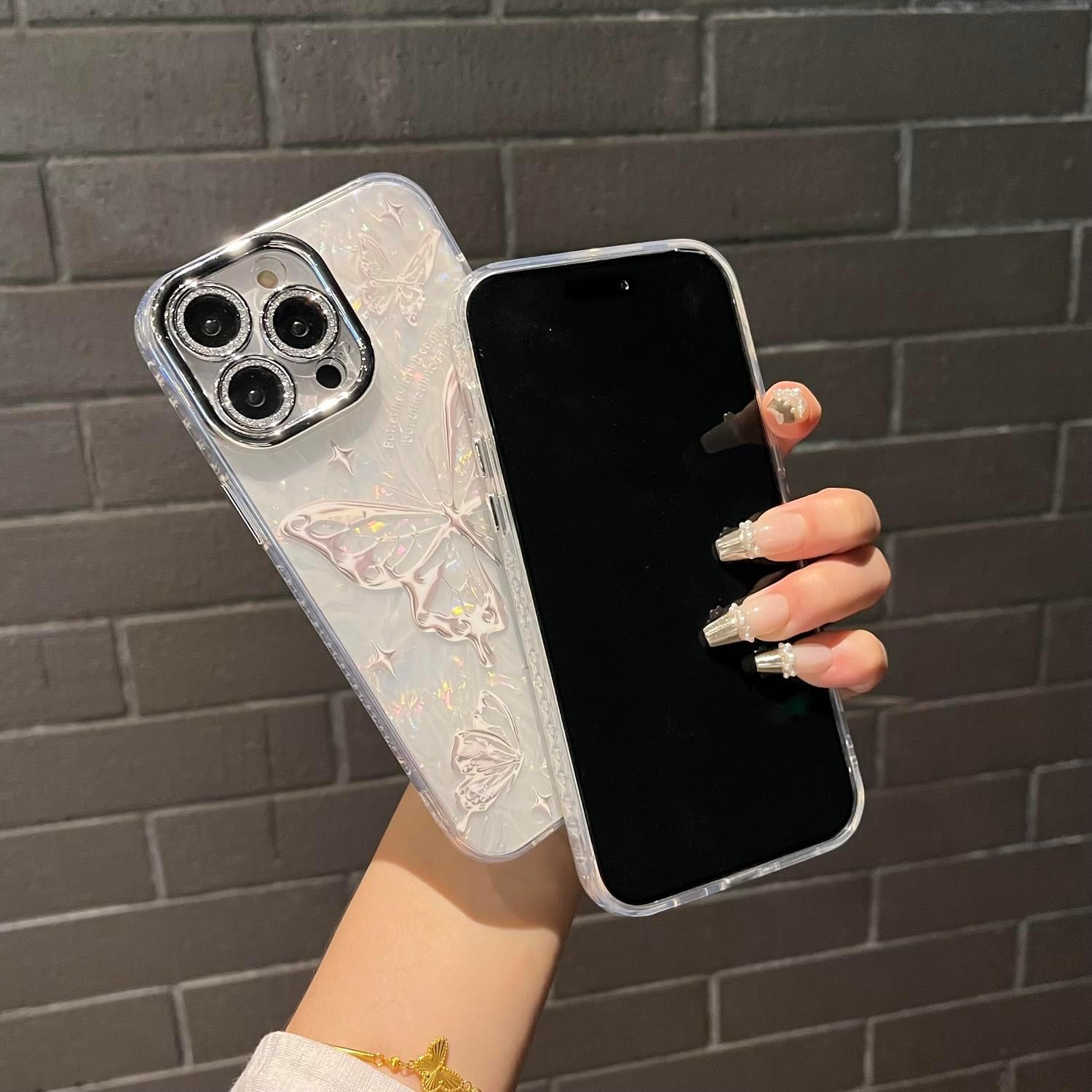 iPhone 15 Pro Max Kılıf Işıltılı Bling Kamera Lens Koruması Sevimli Desen IMD Baskı Tasarımı TPU PC Darbeye Dayanıklı Koruyucu Telefon Kılıfı iPhone 15 Pro Max 6.7 İnç - Metalik Kelebek