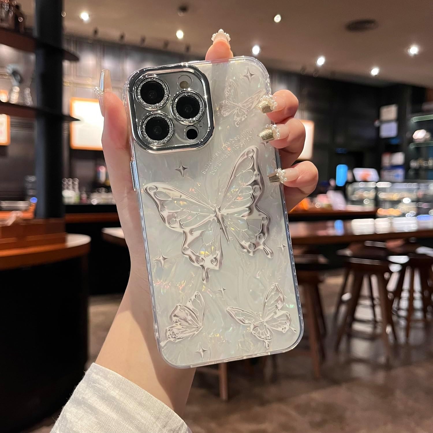 iPhone 15 Pro Max Kılıf Işıltılı Bling Kamera Lens Koruması Sevimli Desen IMD Baskı Tasarımı TPU PC Darbeye Dayanıklı Koruyucu Telefon Kılıfı iPhone 15 Pro Max 6.7 İnç - Metalik Kelebek