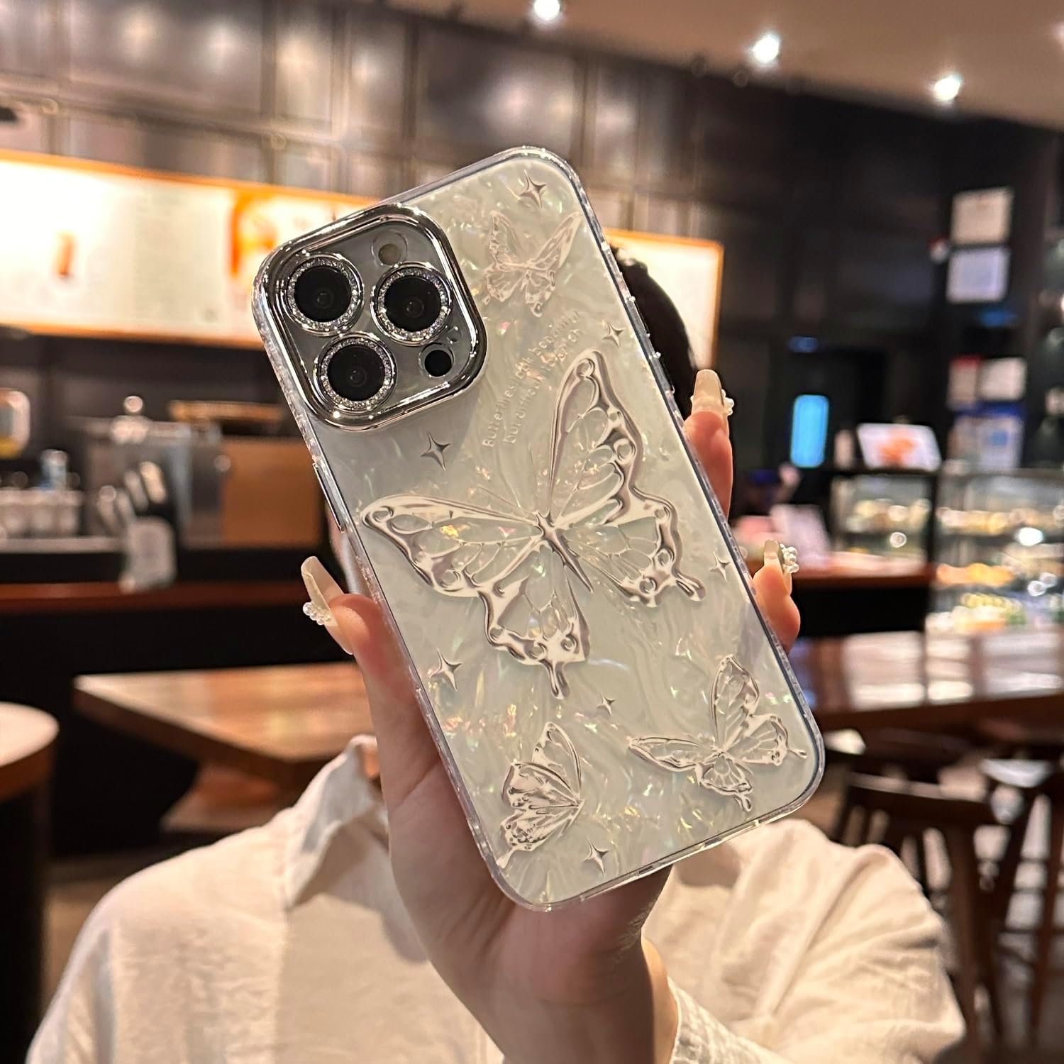 iPhone 15 Pro Max Kılıf Işıltılı Bling Kamera Lens Koruması Sevimli Desen IMD Baskı Tasarımı TPU PC Darbeye Dayanıklı Koruyucu Telefon Kılıfı iPhone 15 Pro Max 6.7 İnç - Metalik Kelebek