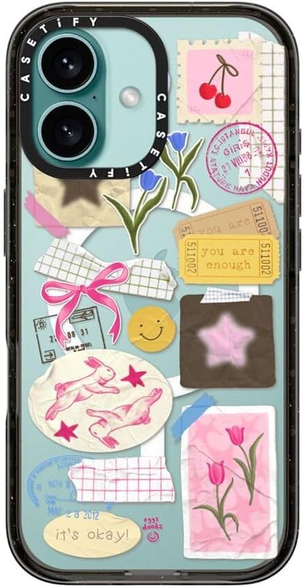 Casing Dampak CASETiFY untuk iPhone 16 [Ramping / 8,2 kaki. 4X Pelindung Jatuh Kelas Militer / Kompatibel dengan Magsafe] - Kolase You Are Stars - Hitam Bening