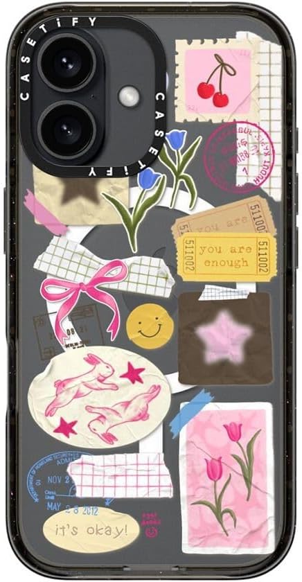 Casing Dampak CASETiFY untuk iPhone 16 [Ramping / 8,2 kaki. 4X Pelindung Jatuh Kelas Militer / Kompatibel dengan Magsafe] - Kolase You Are Stars - Hitam Bening