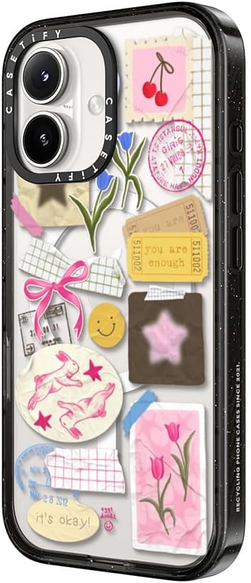 Casing Dampak CASETiFY untuk iPhone 16 [Ramping / 8,2 kaki. 4X Pelindung Jatuh Kelas Militer / Kompatibel dengan Magsafe] - Kolase You Are Stars - Hitam Bening