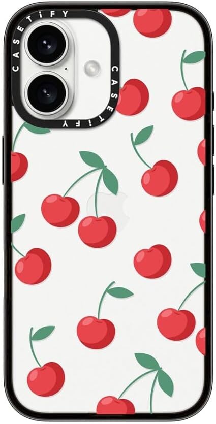 Coque compacte CASETify pour iPhone 16 [Légère, 2 x 4 pieds, protection contre les chutes de qualité militaire/fine] - Cerises - Noir transparent
