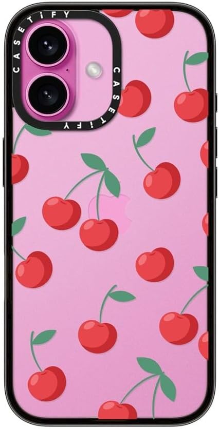 Coque compacte CASETify pour iPhone 16 [Légère, 2 x 4 pieds, protection contre les chutes de qualité militaire/fine] - Cerises - Noir transparent