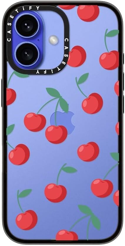 Coque compacte CASETify pour iPhone 16 [Légère, 2 x 4 pieds, protection contre les chutes de qualité militaire/fine] - Cerises - Noir transparent