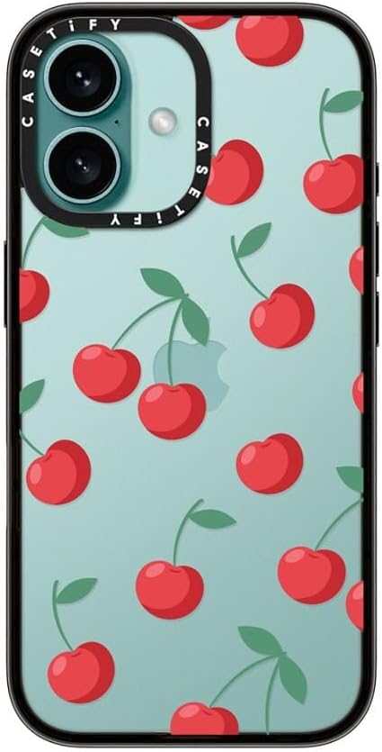 Coque compacte CASETify pour iPhone 16 [Légère, 2 x 4 pieds, protection contre les chutes de qualité militaire/fine] - Cerises - Noir transparent
