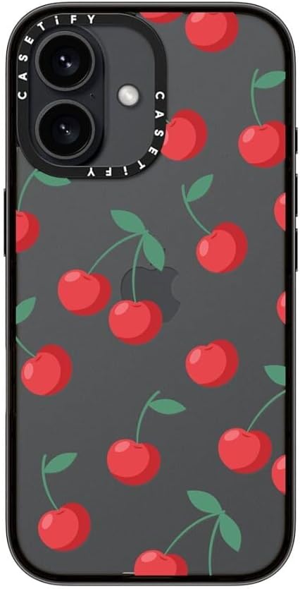 Coque compacte CASETify pour iPhone 16 [Légère, 2 x 4 pieds, protection contre les chutes de qualité militaire/fine] - Cerises - Noir transparent